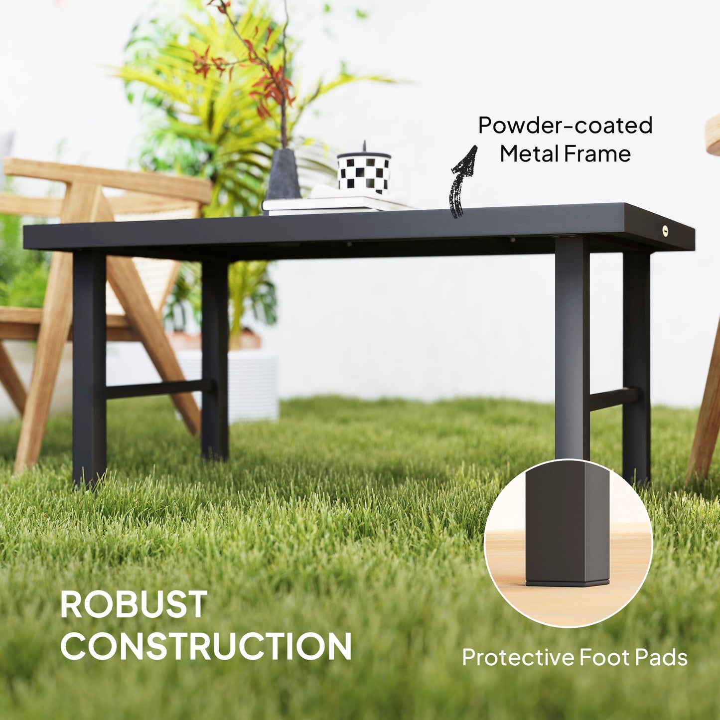 Metal Patio Coffee Table, Rectangle Outdoor Side Table with SPC Woodgrain Tabletop, Foot Pads for Outside Garden Patio Lawn, Distressed Grey