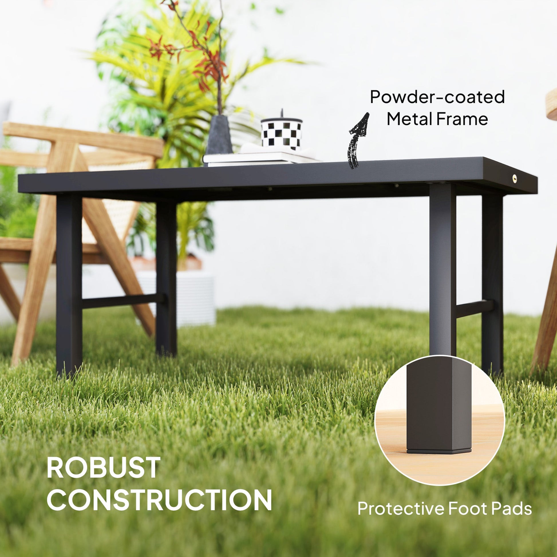 Metal Patio Coffee Table, Rectangle Outdoor Side Table with SPC Woodgrain Tabletop, Foot Pads for Outside Garden Patio Lawn, Distressed Grey
