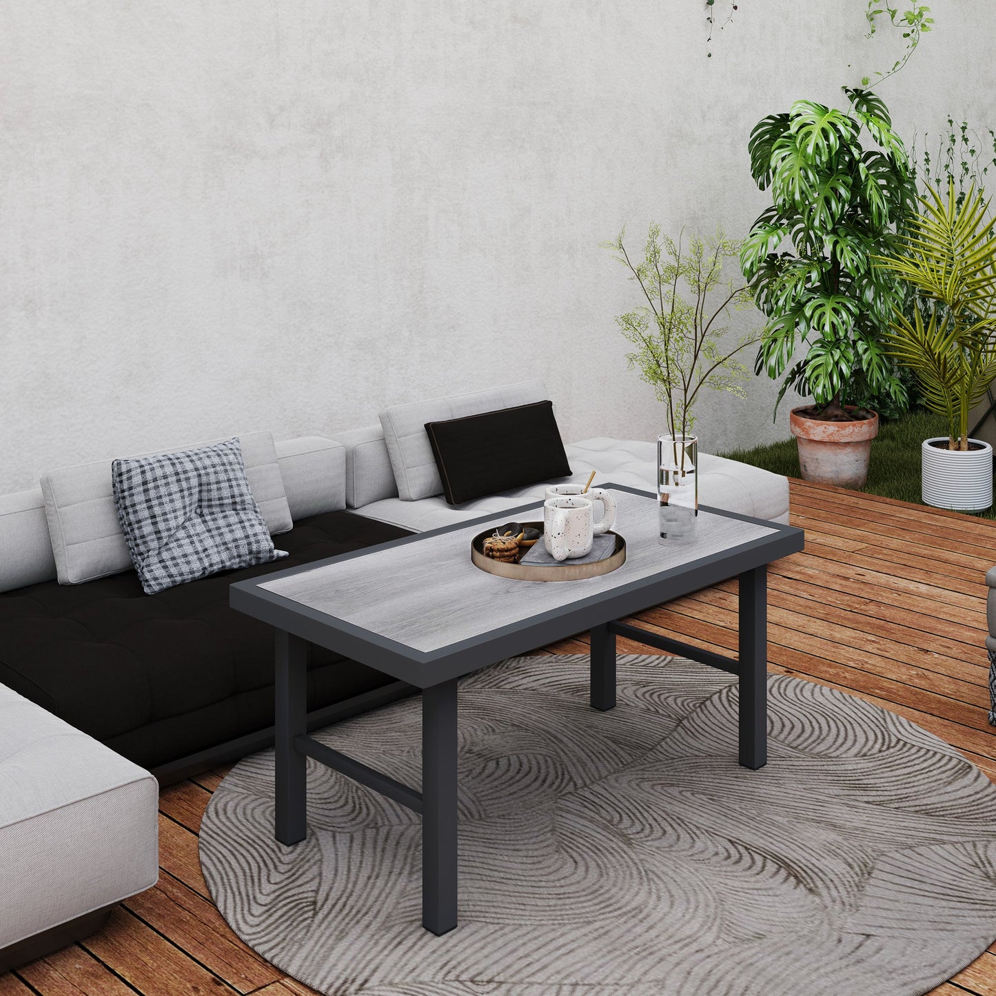 Metal Patio Coffee Table, Rectangle Outdoor Side Table with SPC Woodgrain Tabletop, Foot Pads for Outside Garden Patio Lawn, Distressed Grey