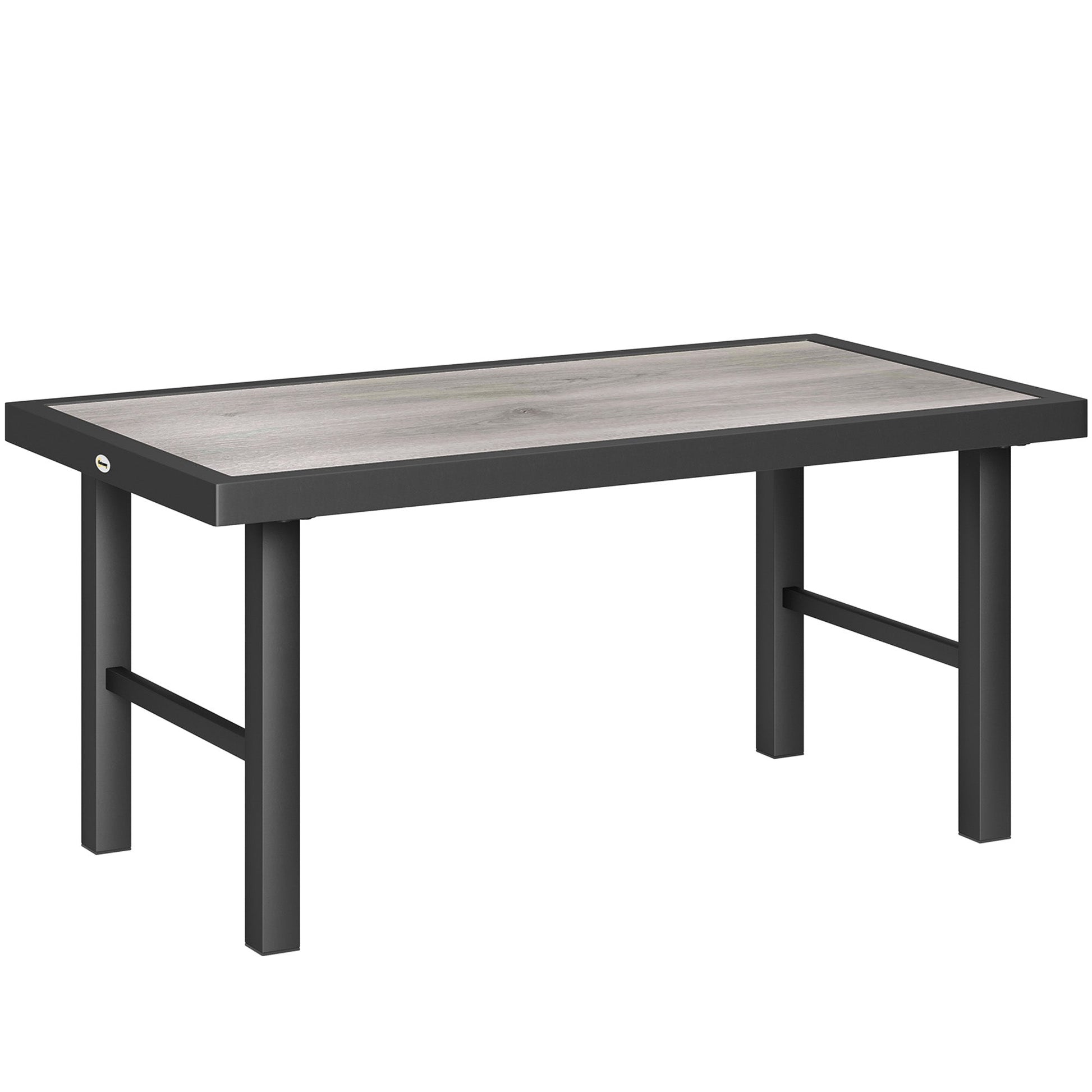Metal Patio Coffee Table, Rectangle Outdoor Side Table with SPC Woodgrain Tabletop, Foot Pads for Outside Garden Patio Lawn, Distressed Grey