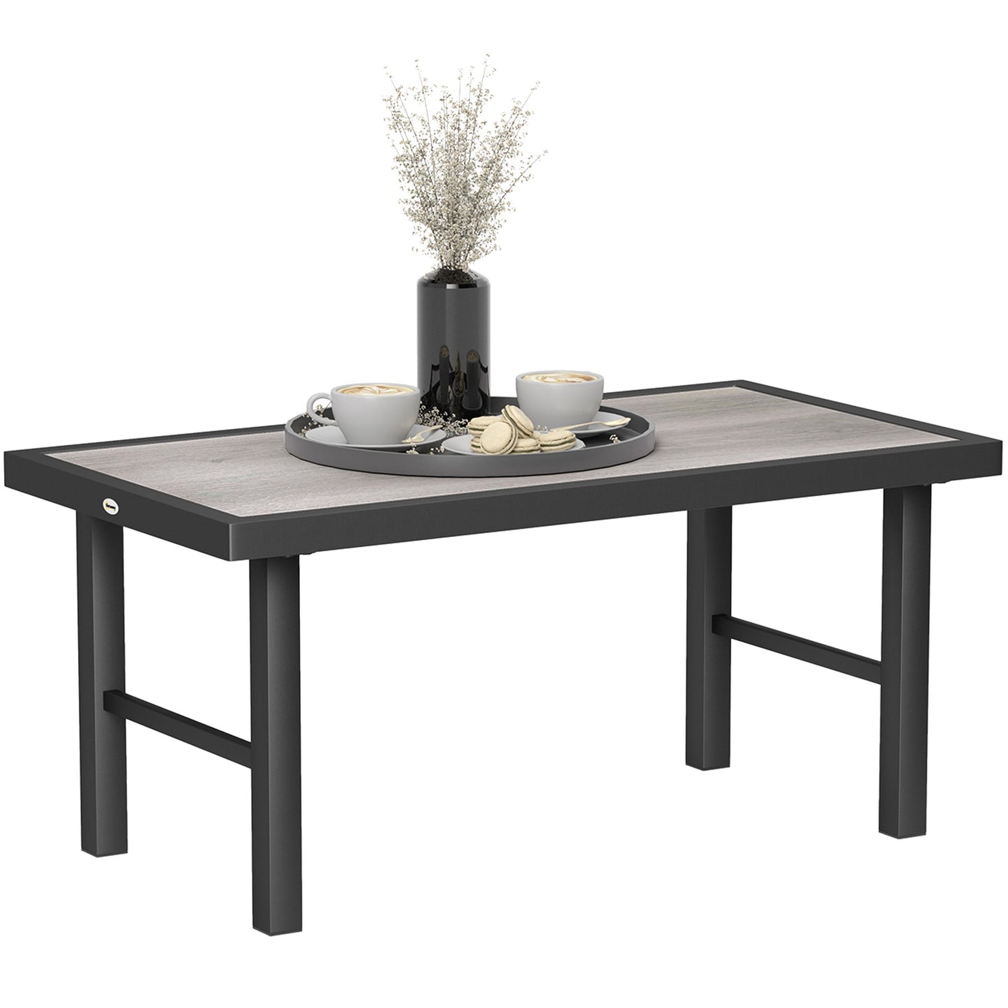 Metal Patio Coffee Table, Rectangle Outdoor Side Table with SPC Woodgrain Tabletop, Foot Pads for Outside Garden Patio Lawn, Distressed Grey