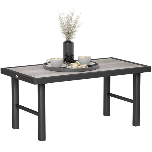 Metal Patio Coffee Table, Rectangle Outdoor Side Table with SPC Woodgrain Tabletop, Foot Pads for Outside Garden Patio Lawn, Distressed Grey