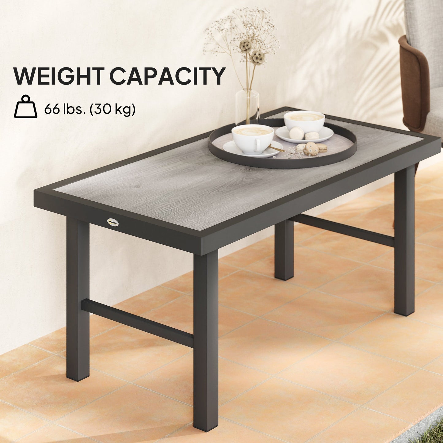 Metal Patio Coffee Table, Rectangle Outdoor Side Table with SPC Woodgrain Tabletop, Foot Pads for Outside Garden Patio Lawn, Distressed Grey