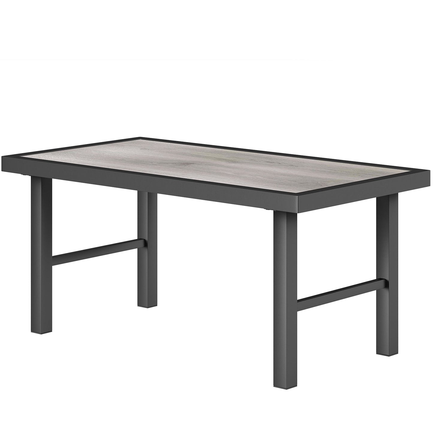 Metal Patio Coffee Table, Rectangle Outdoor Side Table with SPC Woodgrain Tabletop, Foot Pads for Outside Garden Patio Lawn, Distressed Grey