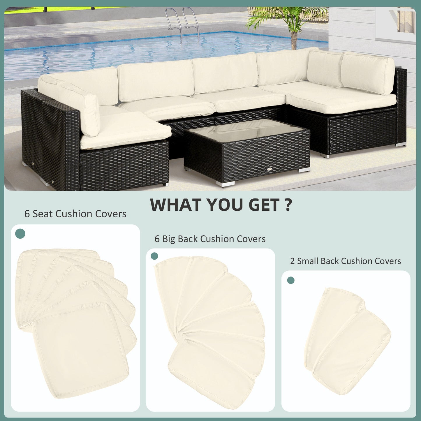 14Pcs Outdoor Cushion Covers, Patio Cushion Covers Replacement for Rattan Sofa Set - No Cushion Included, Cream White