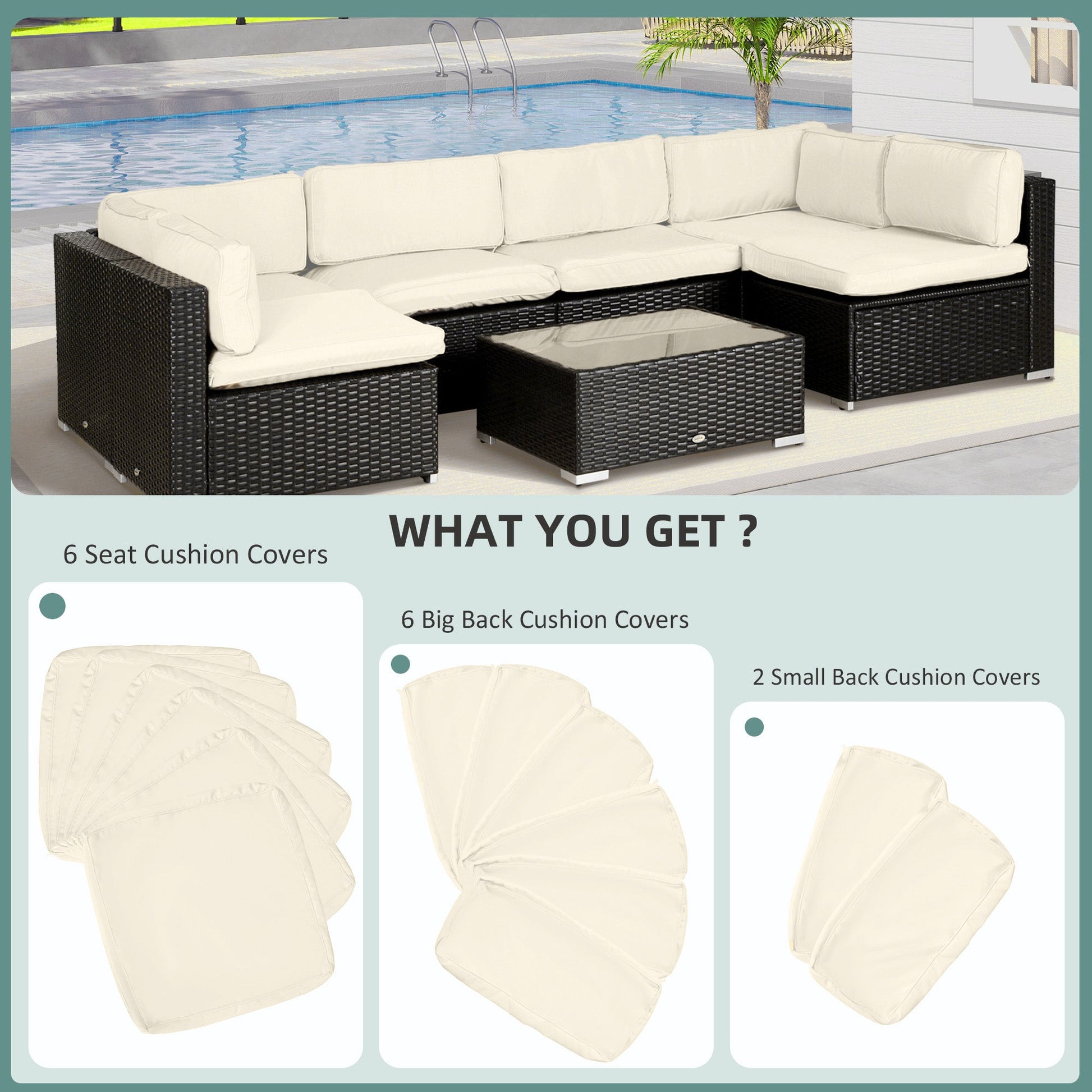 14Pcs Outdoor Cushion Covers, Patio Cushion Covers Replacement for Rattan Sofa Set - No Cushion Included, Cream White