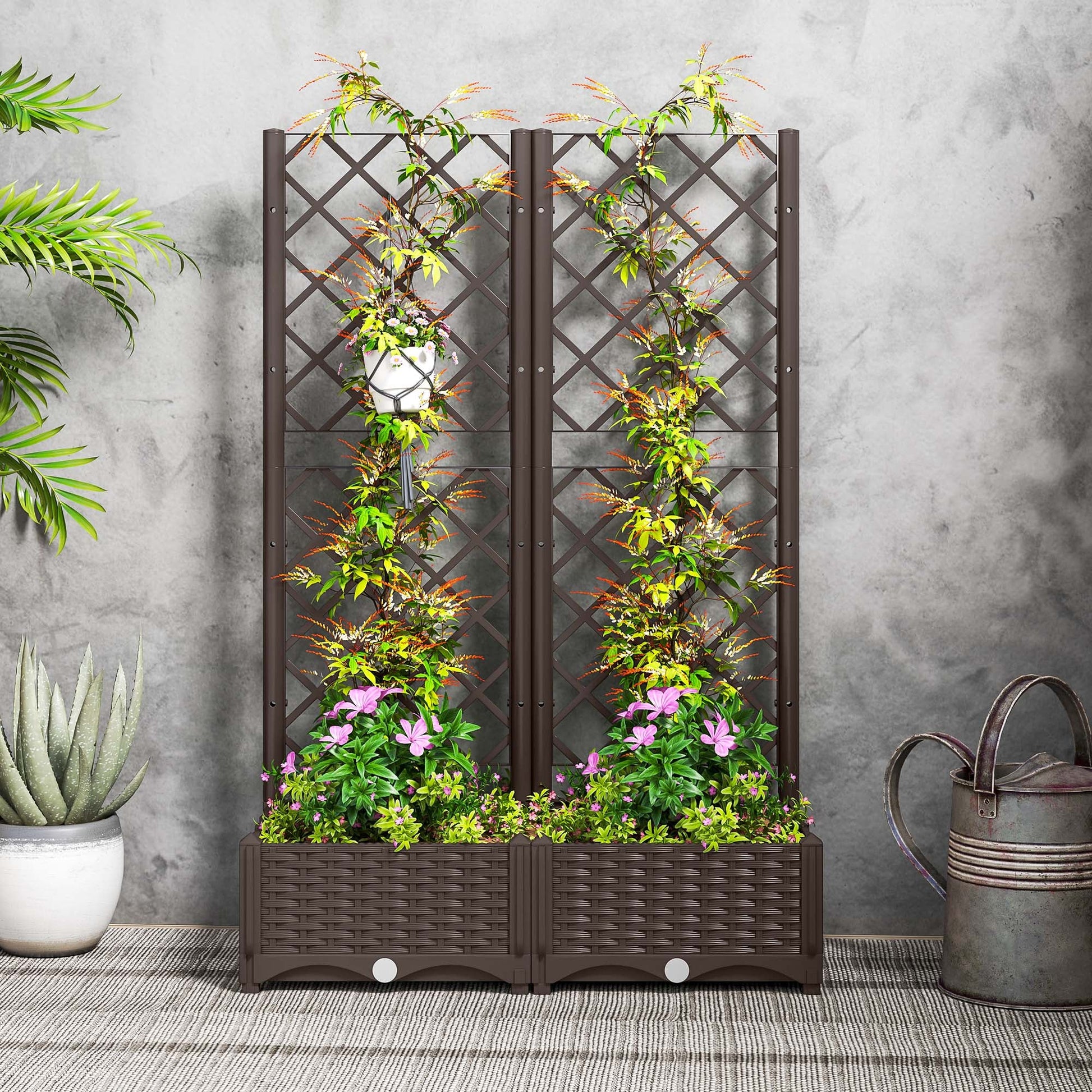 Raised Garden Bed with Trellis, Plastic Outdoor Planter Box with Drainage Holes and Drain Plugs, Raised Flower Bed for Patio, Backyard, Balcony, 32" x 16" x 48"