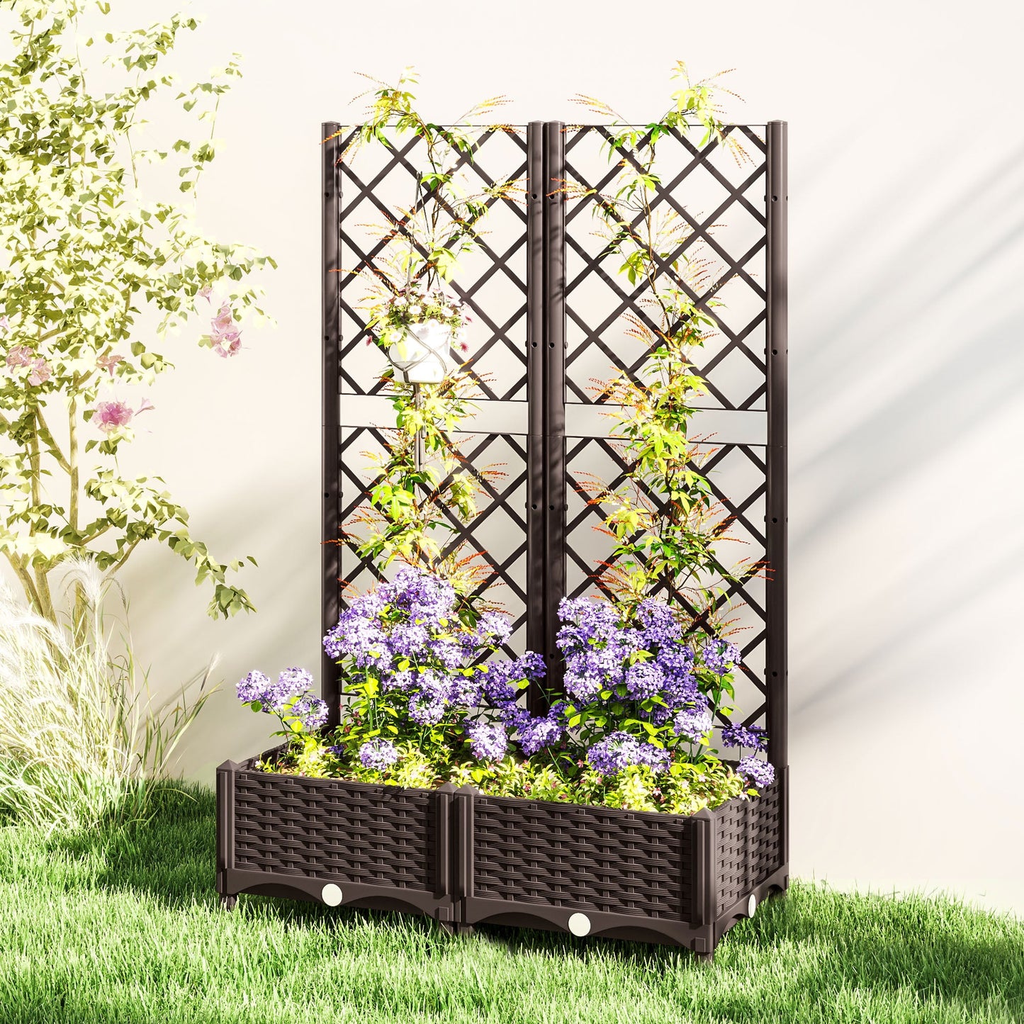 Raised Garden Bed with Trellis, Plastic Outdoor Planter Box with Drainage Holes and Drain Plugs, Raised Flower Bed for Patio, Backyard, Balcony, 32" x 16" x 48"