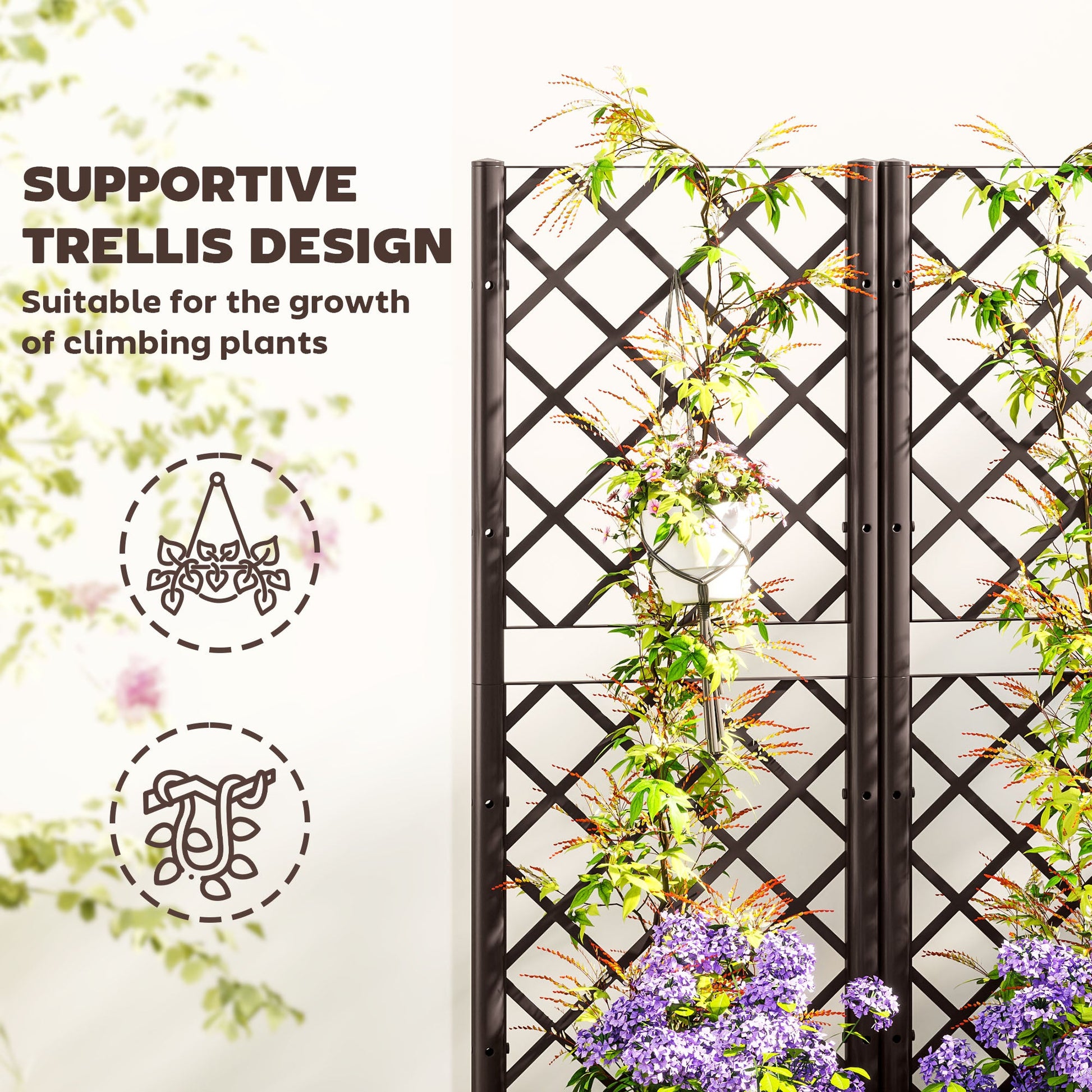 Raised Garden Bed with Trellis, Plastic Outdoor Planter Box with Drainage Holes and Drain Plugs, Raised Flower Bed for Patio, Backyard, Balcony, 32" x 16" x 48"