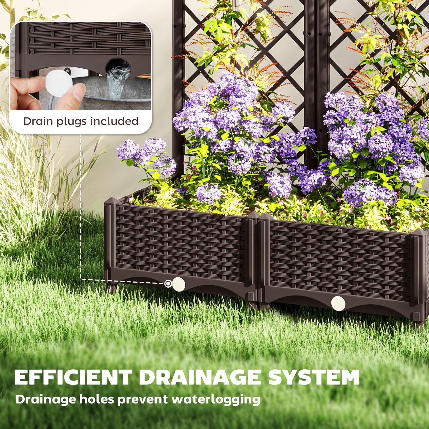 Raised Garden Bed with Trellis, Plastic Outdoor Planter Box with Drainage Holes and Drain Plugs, Raised Flower Bed for Patio, Backyard, Balcony, 32" x 16" x 48"