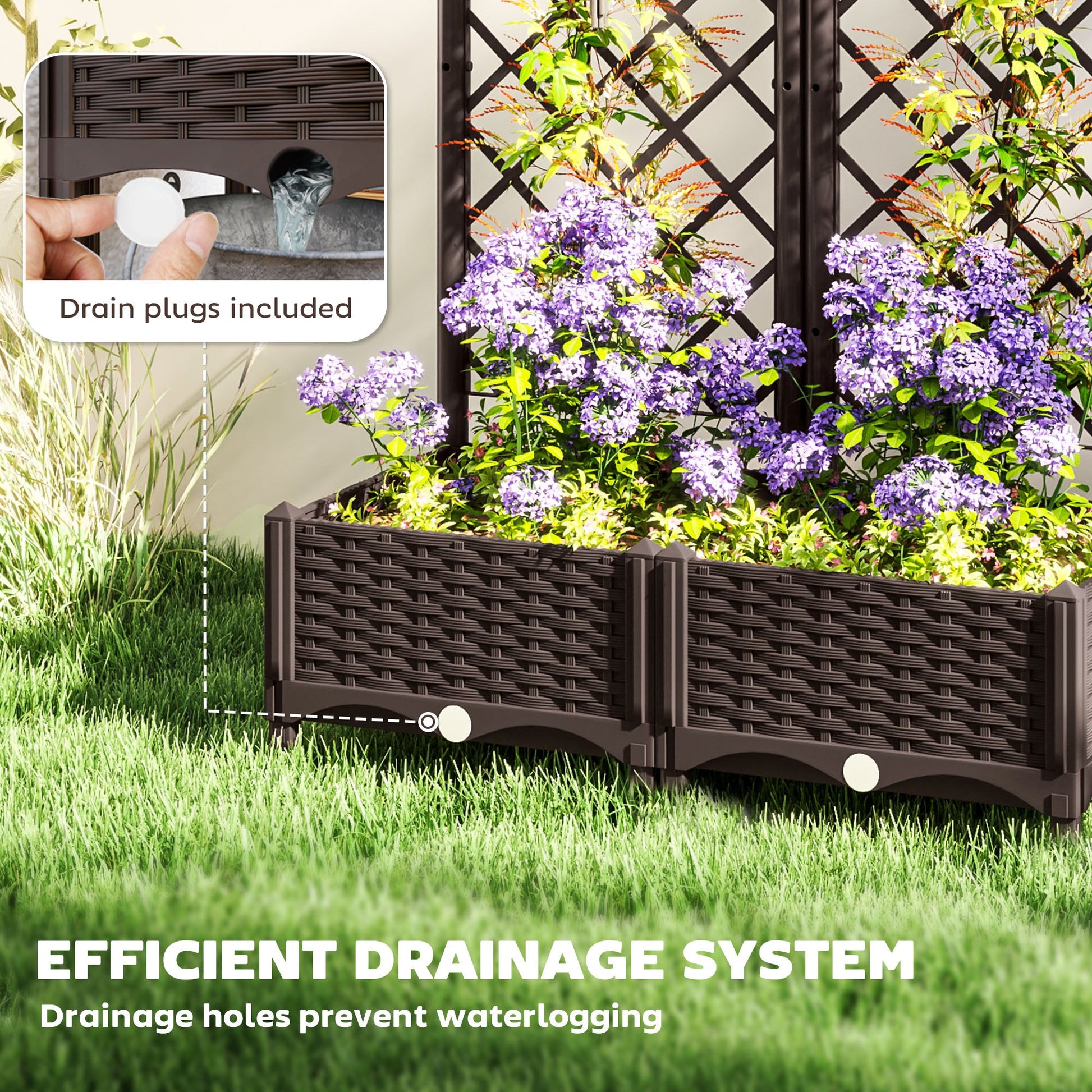 Raised Garden Bed with Trellis, Plastic Outdoor Planter Box with Drainage Holes and Drain Plugs, Raised Flower Bed for Patio, Backyard, Balcony, 32" x 16" x 48"