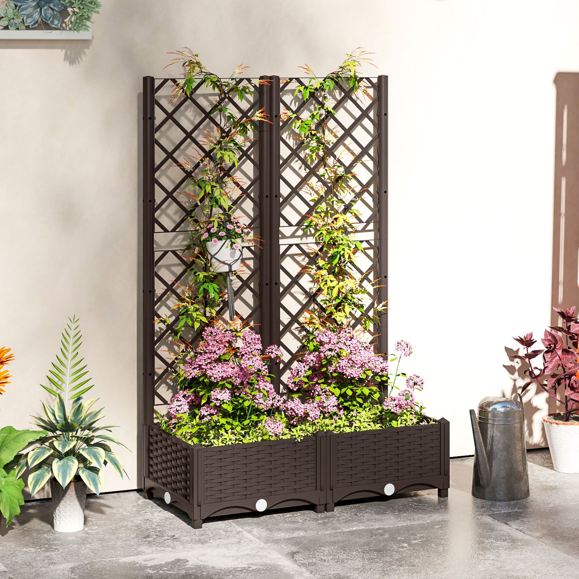 Raised Garden Bed with Trellis, Plastic Outdoor Planter Box with Drainage Holes and Drain Plugs, Raised Flower Bed for Patio, Backyard, Balcony, 32" x 16" x 48"