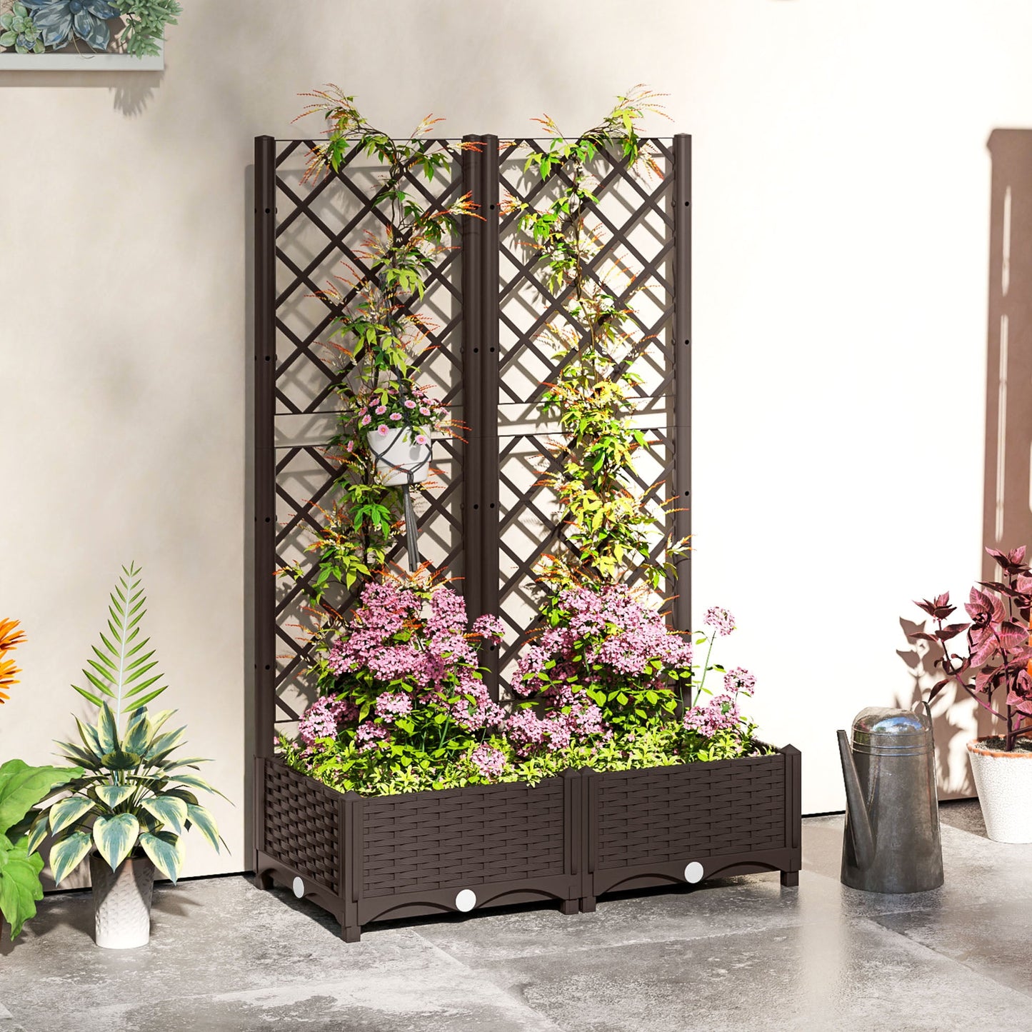 Raised Garden Bed with Trellis, Plastic Outdoor Planter Box with Drainage Holes and Drain Plugs, Raised Flower Bed for Patio, Backyard, Balcony, 32" x 16" x 48"