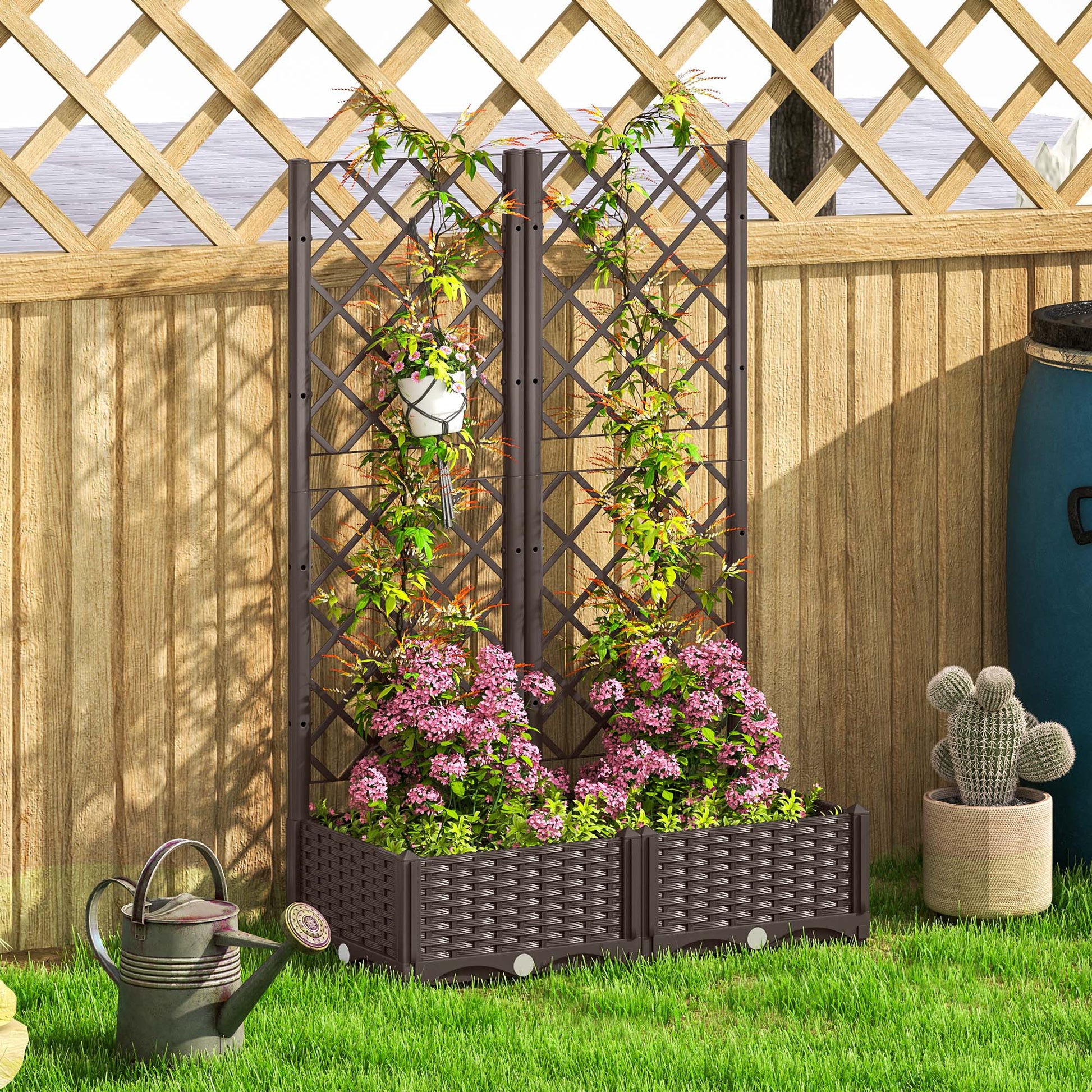 Raised Garden Bed with Trellis, Plastic Outdoor Planter Box with Drainage Holes and Drain Plugs, Raised Flower Bed for Patio, Backyard, Balcony, 32" x 16" x 48"