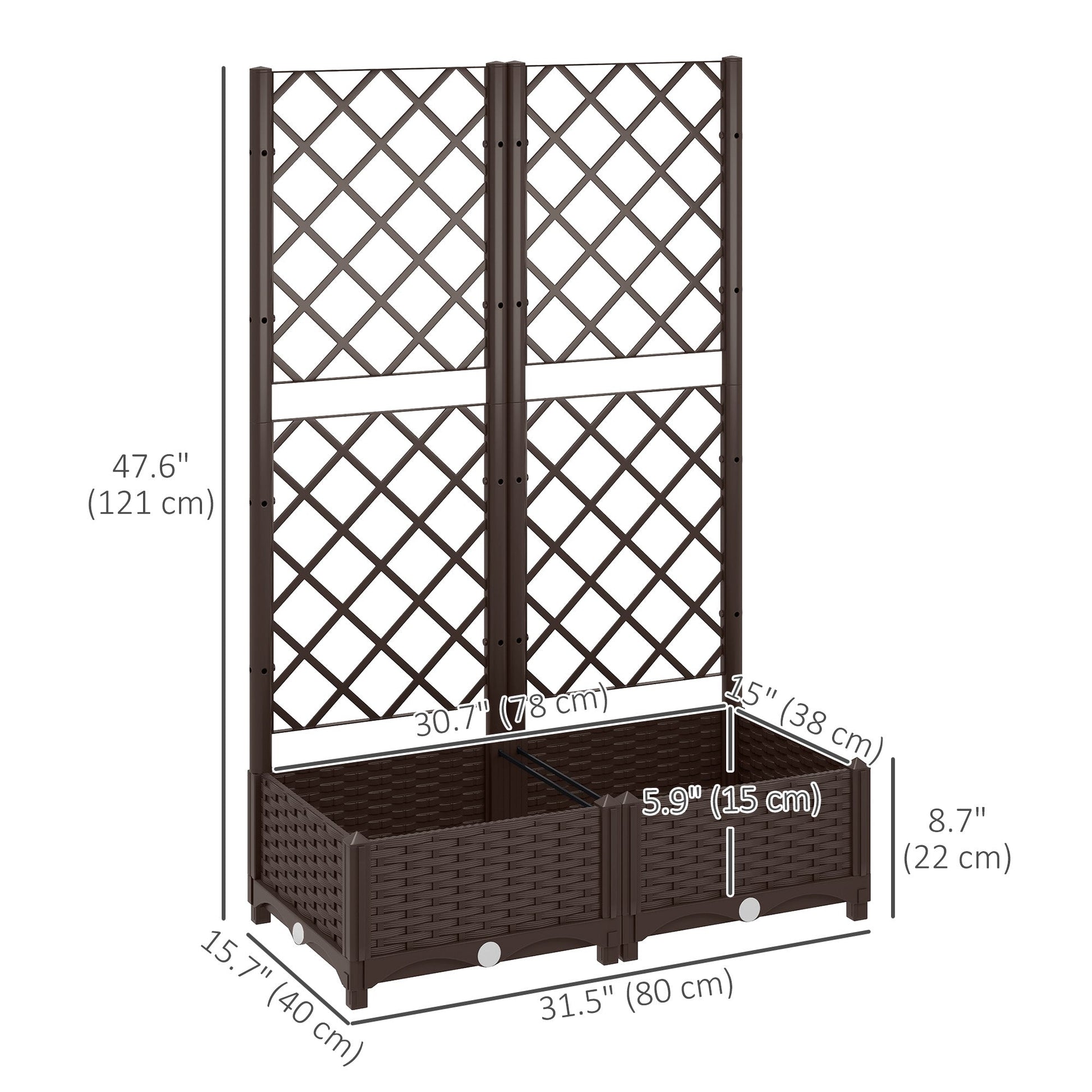 Raised Garden Bed with Trellis, Plastic Outdoor Planter Box with Drainage Holes and Drain Plugs, Raised Flower Bed for Patio, Backyard, Balcony, 32" x 16" x 48"