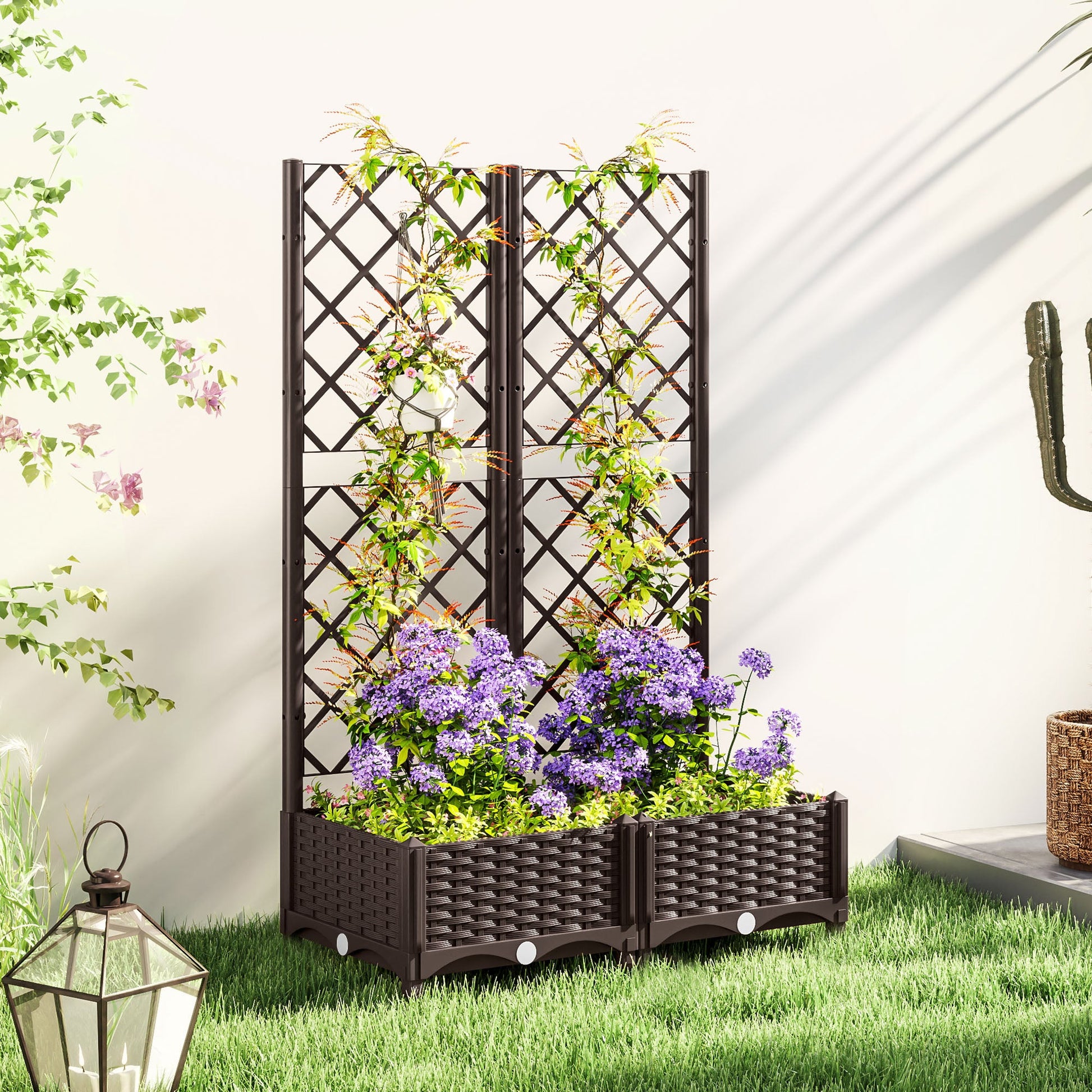 Raised Garden Bed with Trellis, Plastic Outdoor Planter Box with Drainage Holes and Drain Plugs, Raised Flower Bed for Patio, Backyard, Balcony, 32" x 16" x 48"