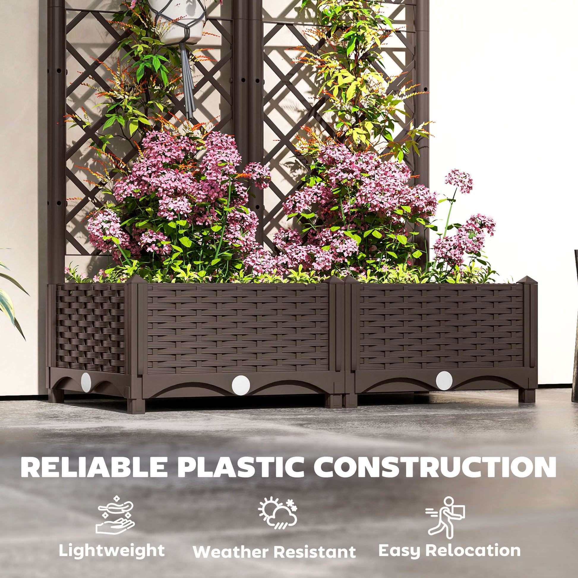 Raised Garden Bed with Trellis, Plastic Outdoor Planter Box with Drainage Holes and Drain Plugs, Raised Flower Bed for Patio, Backyard, Balcony, 32" x 16" x 48"