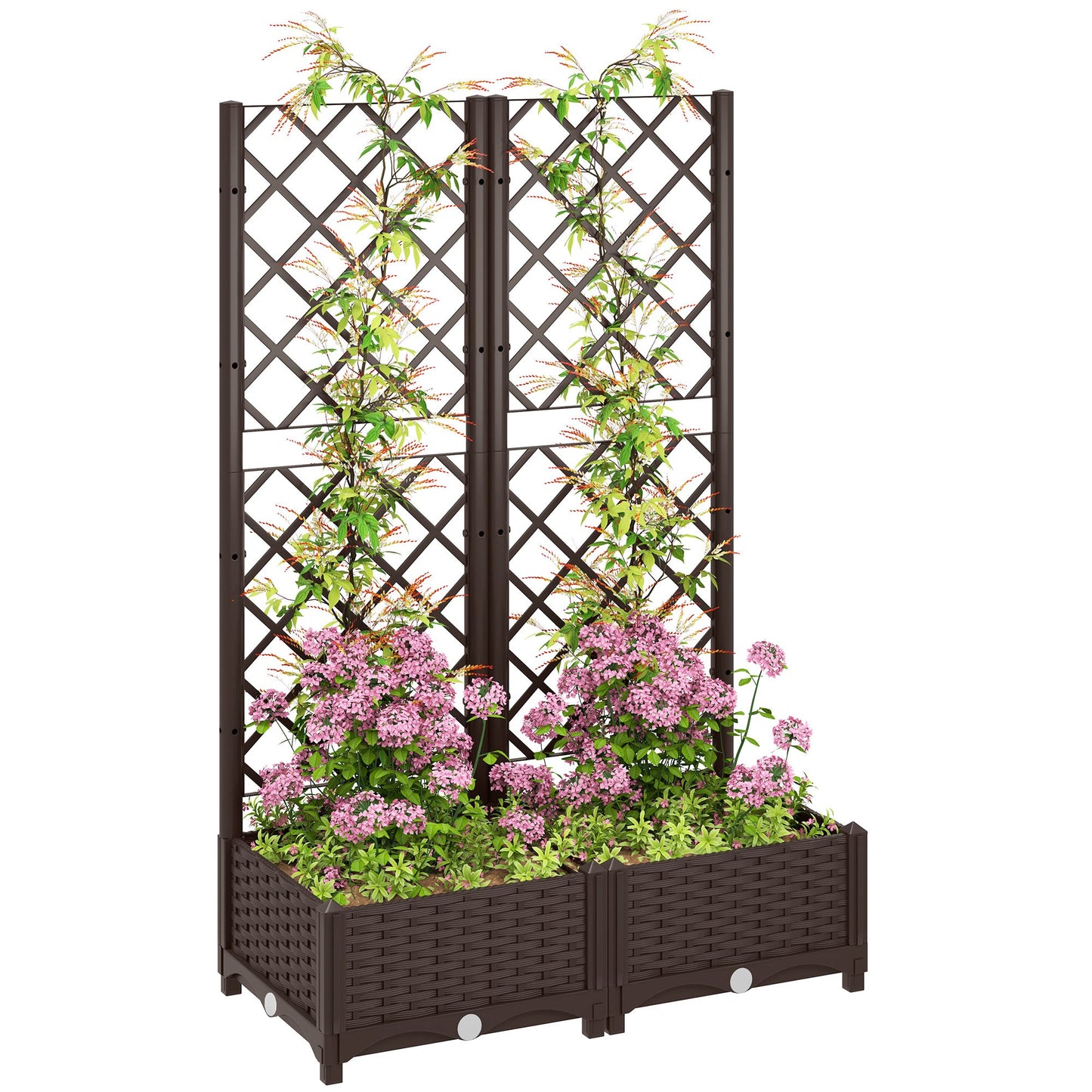 Raised Garden Bed with Trellis, Plastic Outdoor Planter Box with Drainage Holes and Drain Plugs, Raised Flower Bed for Patio, Backyard, Balcony, 32" x 16" x 48"