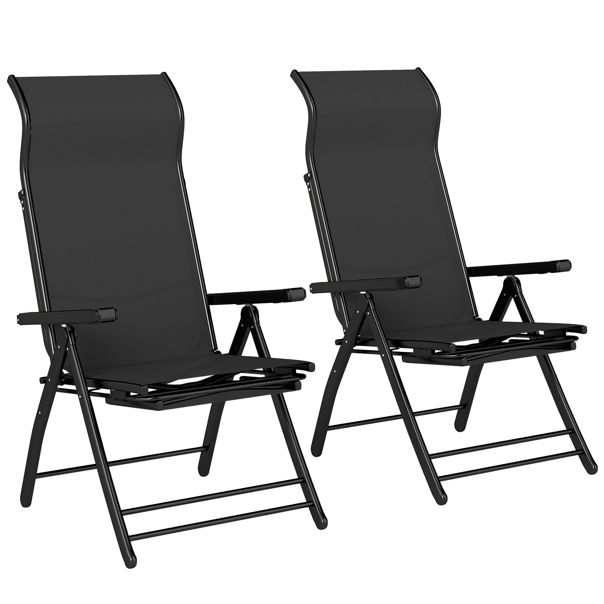 Folding Patio Chairs Set of 2, Reclining Outdoor Chair with 33.5" High Back, Retractable Footrest, 5-Position Outdoor Recliner Lounge Chairs for Lawn Yard Beach, Black