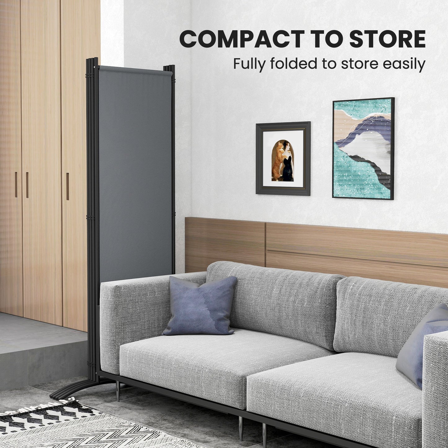 4 Panel Folding Room Divider, 5.6FT Privacy Screen with Wide Feet, Portable Freestanding Room Partition Separator for Home Office Bedroom, Dark Grey