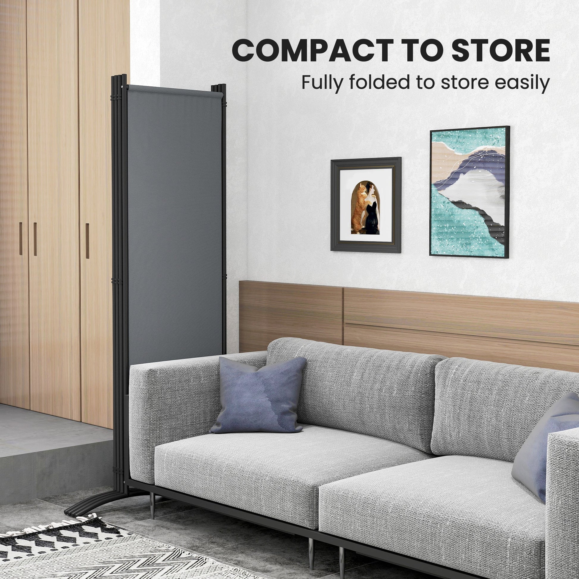 4 Panel Folding Room Divider, 5.6FT Privacy Screen with Wide Feet, Portable Freestanding Room Partition Separator for Home Office Bedroom, Dark Grey