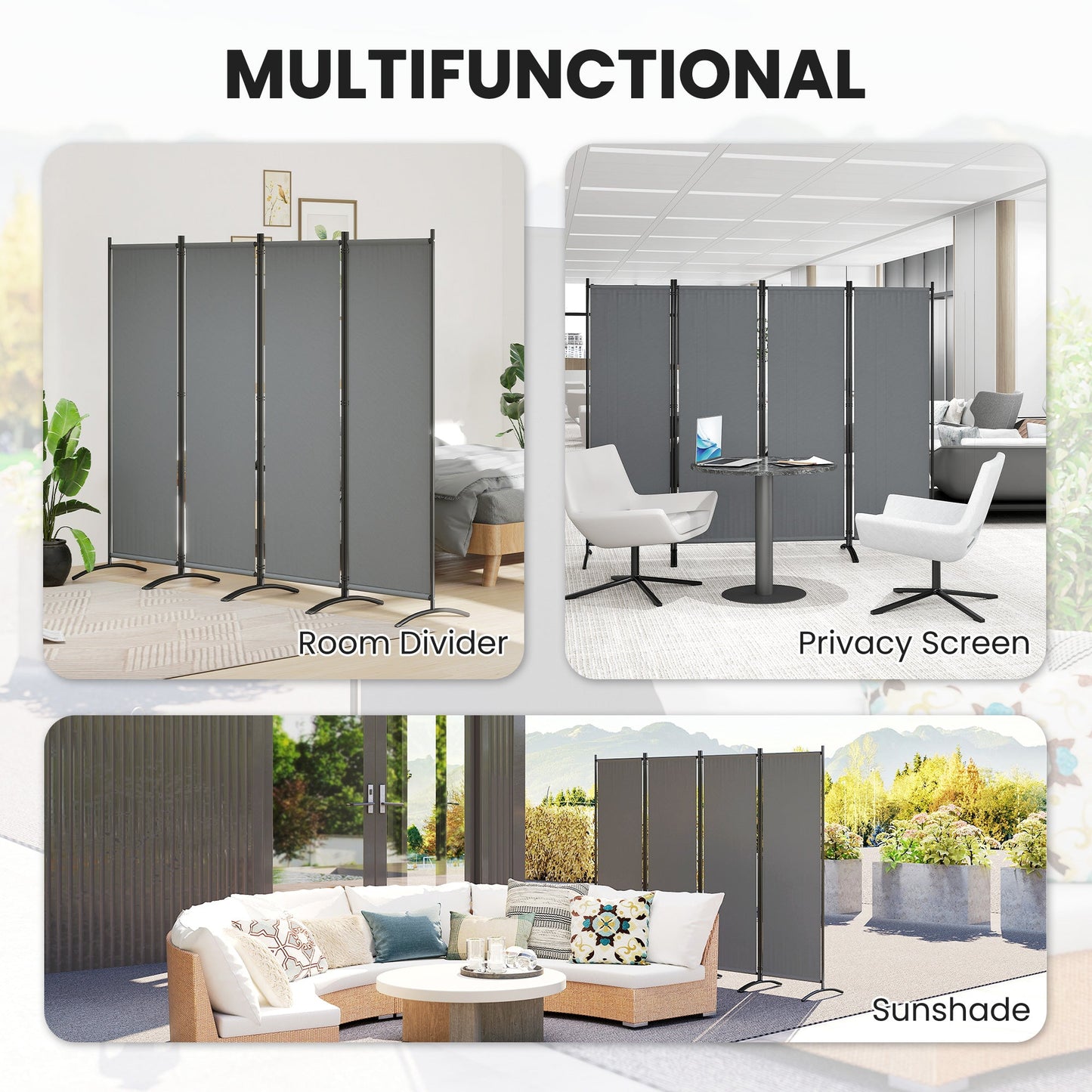 4 Panel Folding Room Divider, 5.6FT Privacy Screen with Wide Feet, Portable Freestanding Room Partition Separator for Home Office Bedroom, Dark Grey