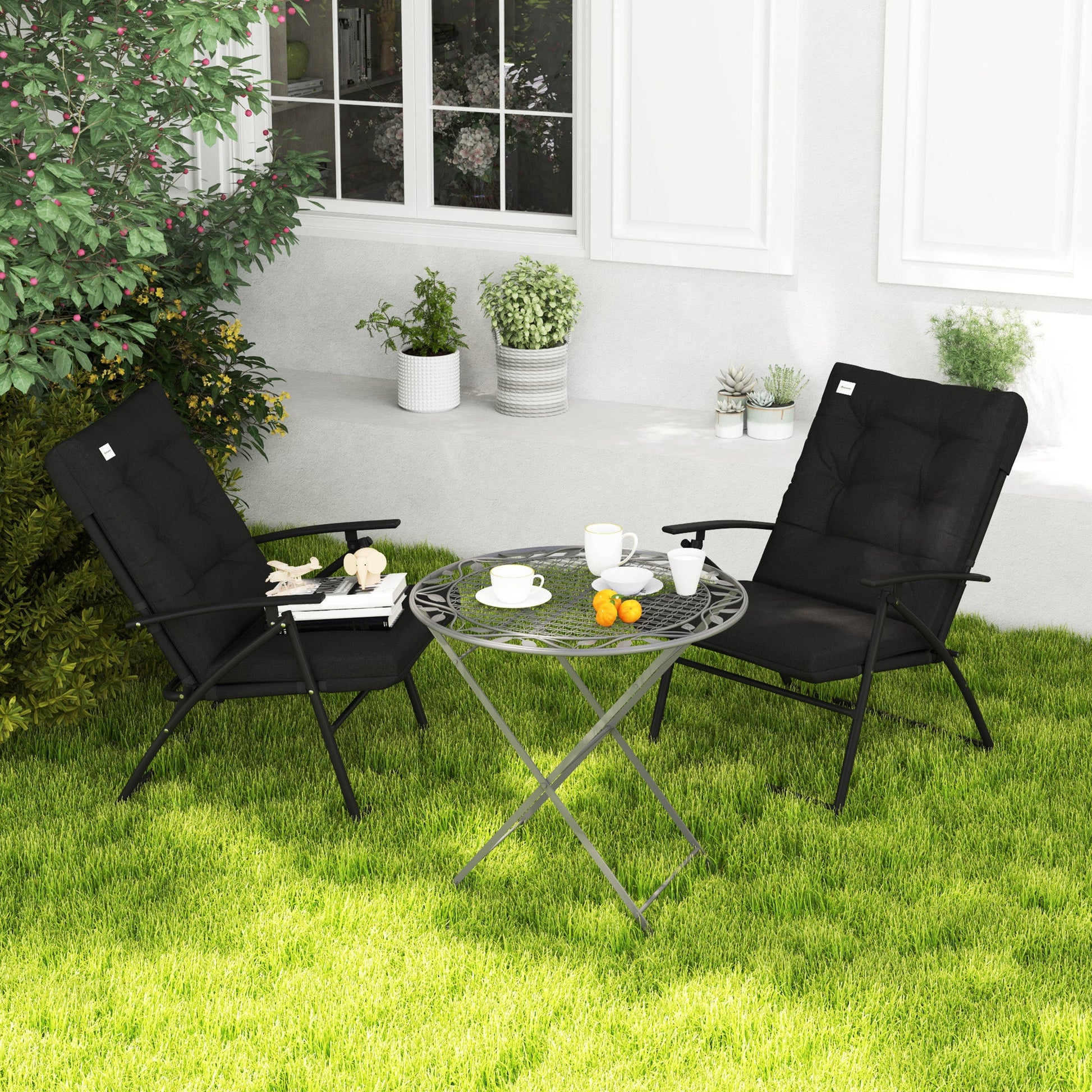Set of 2 Outdoor Dining Chairs, Folding Patio Chair with Adjustable Backrest, Padded Folding Chairs for Outdoor Events, Black