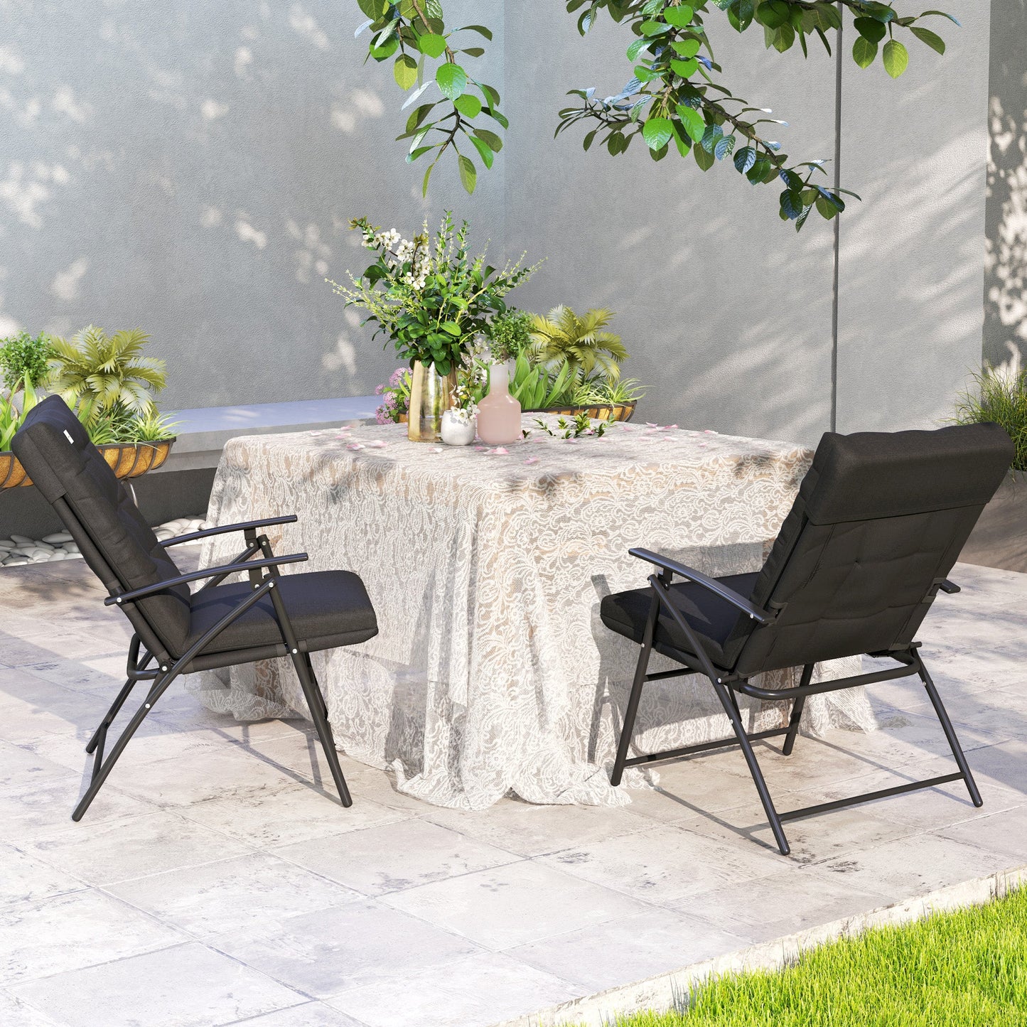 Set of 2 Outdoor Dining Chairs, Folding Patio Chair with Adjustable Backrest, Padded Folding Chairs for Outdoor Events, Black