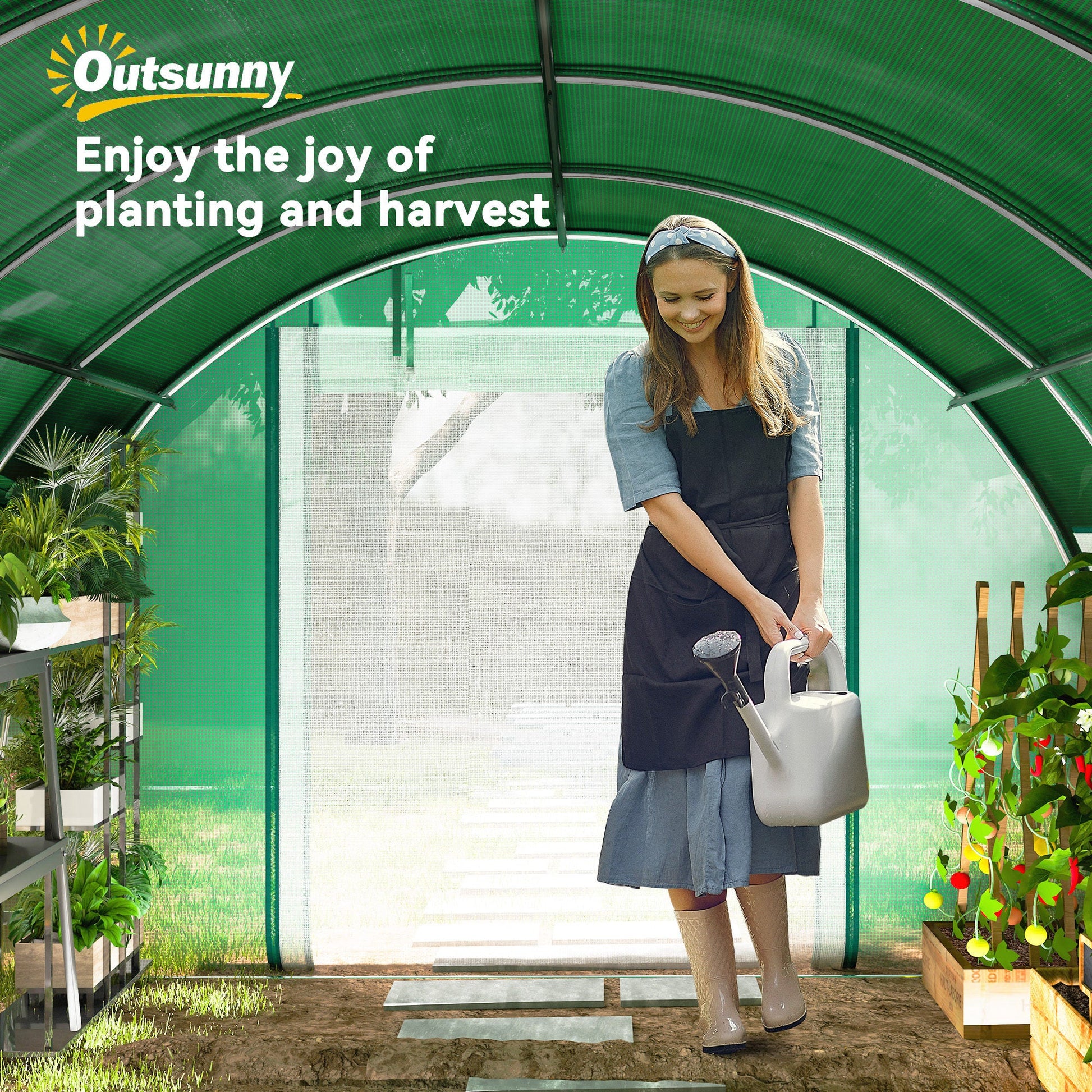 Walk-in Tunnel Greenhouse, 10' x 13' x 6.5' Plant Hot House with Sunshade Net, Roll-up Mesh Sidewalls, 2 Doors and 8 Windows, PE Cover, Galvanised Steel Frame, Green