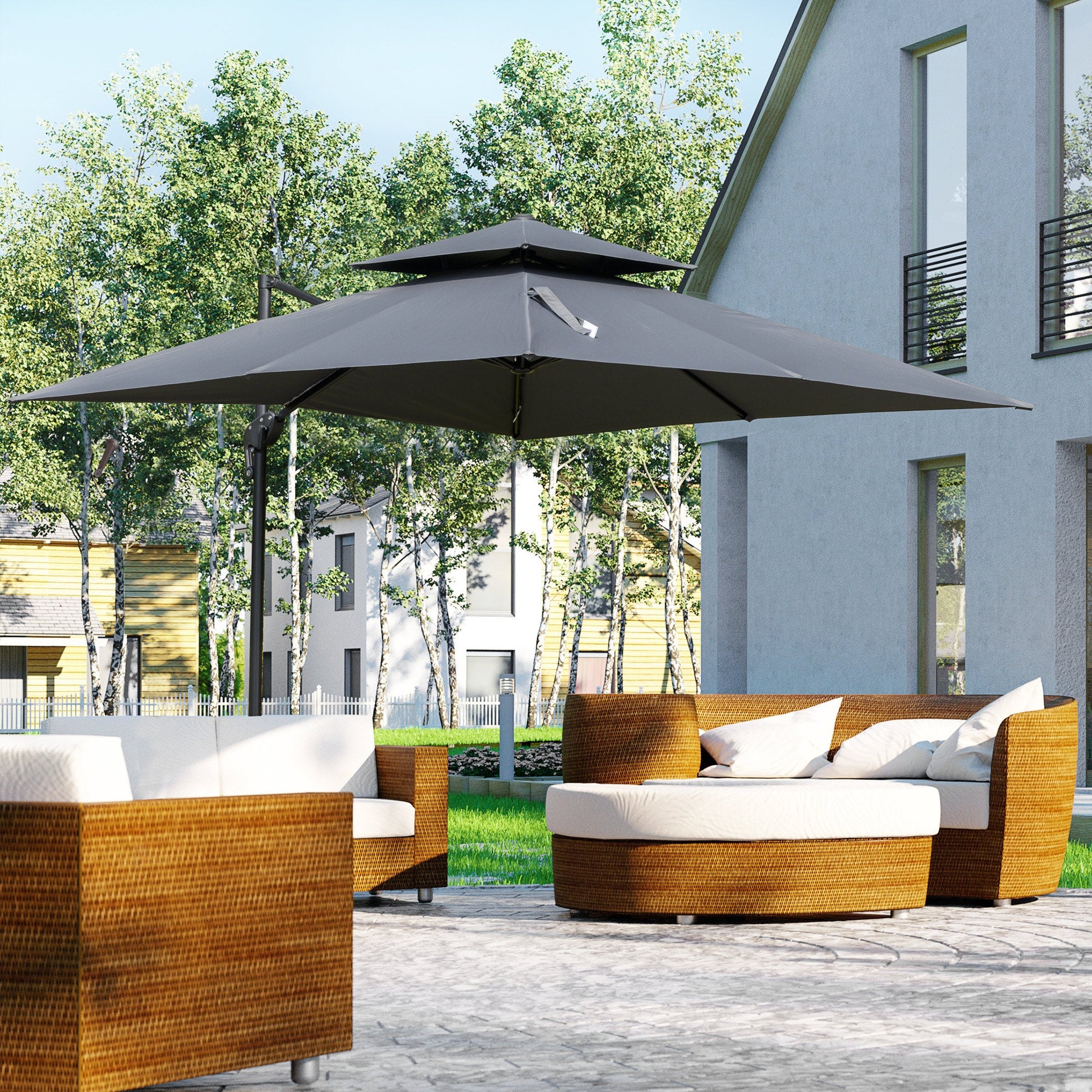 10' x 10' Cantilever Patio Umbrella, Double Top Square Offset Umbrella with 360° Rotation, 5 Adjustable Tilt Angles, Umbrella Cover, Aluminum Pole and Ribs, Charcoal Grey