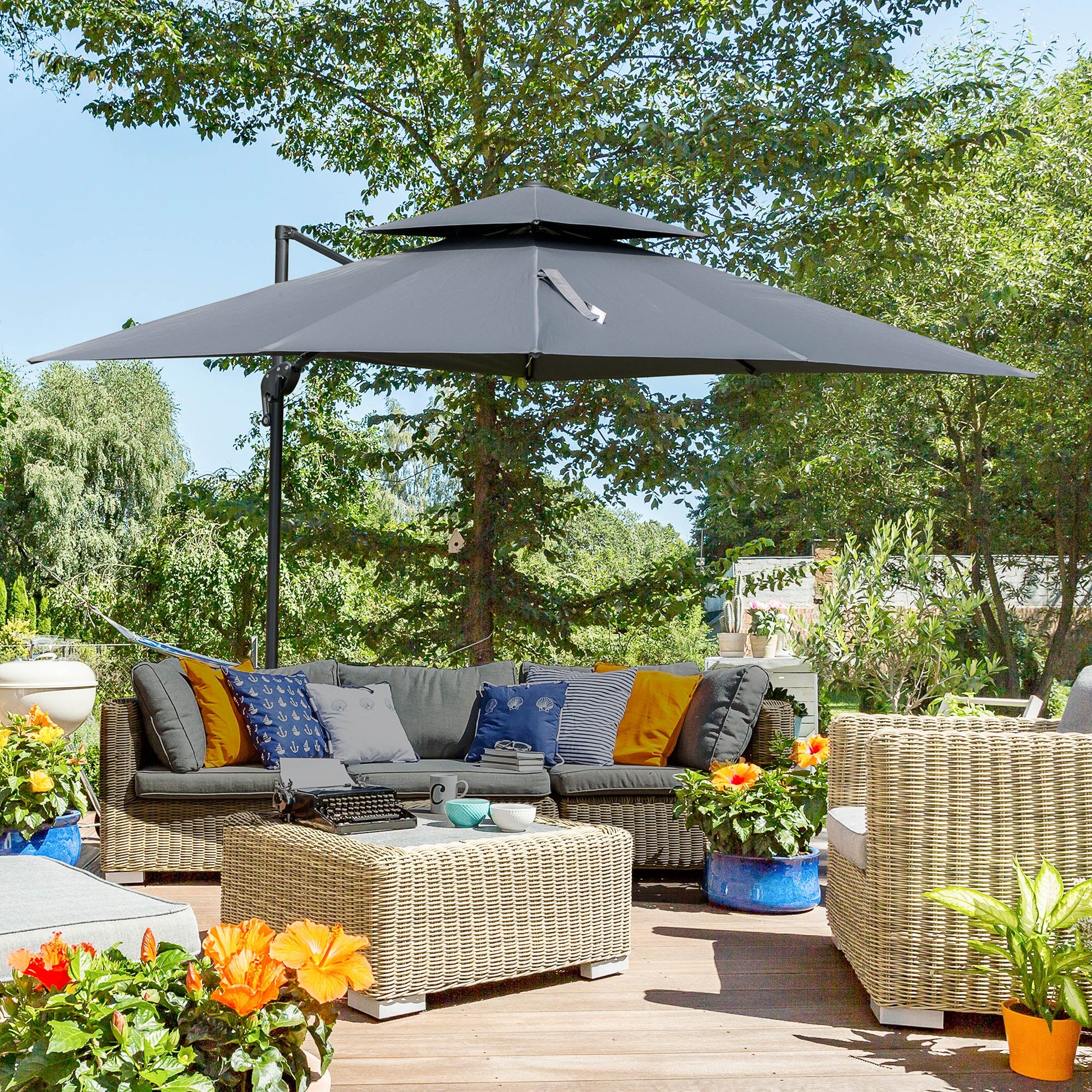10' x 10' Cantilever Patio Umbrella, Double Top Square Offset Umbrella with 360° Rotation, 5 Adjustable Tilt Angles, Umbrella Cover, Aluminum Pole and Ribs, Charcoal Grey