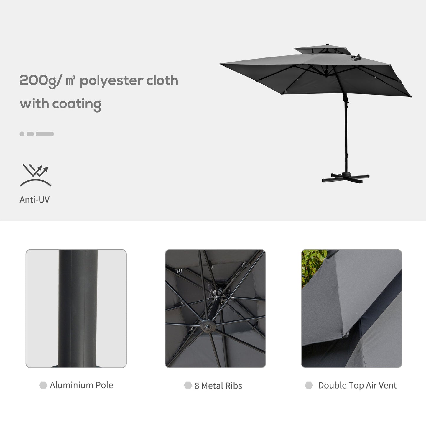 10' x 10' Cantilever Patio Umbrella, Double Top Square Offset Umbrella with 360° Rotation, 5 Adjustable Tilt Angles, Umbrella Cover, Aluminum Pole and Ribs, Charcoal Grey