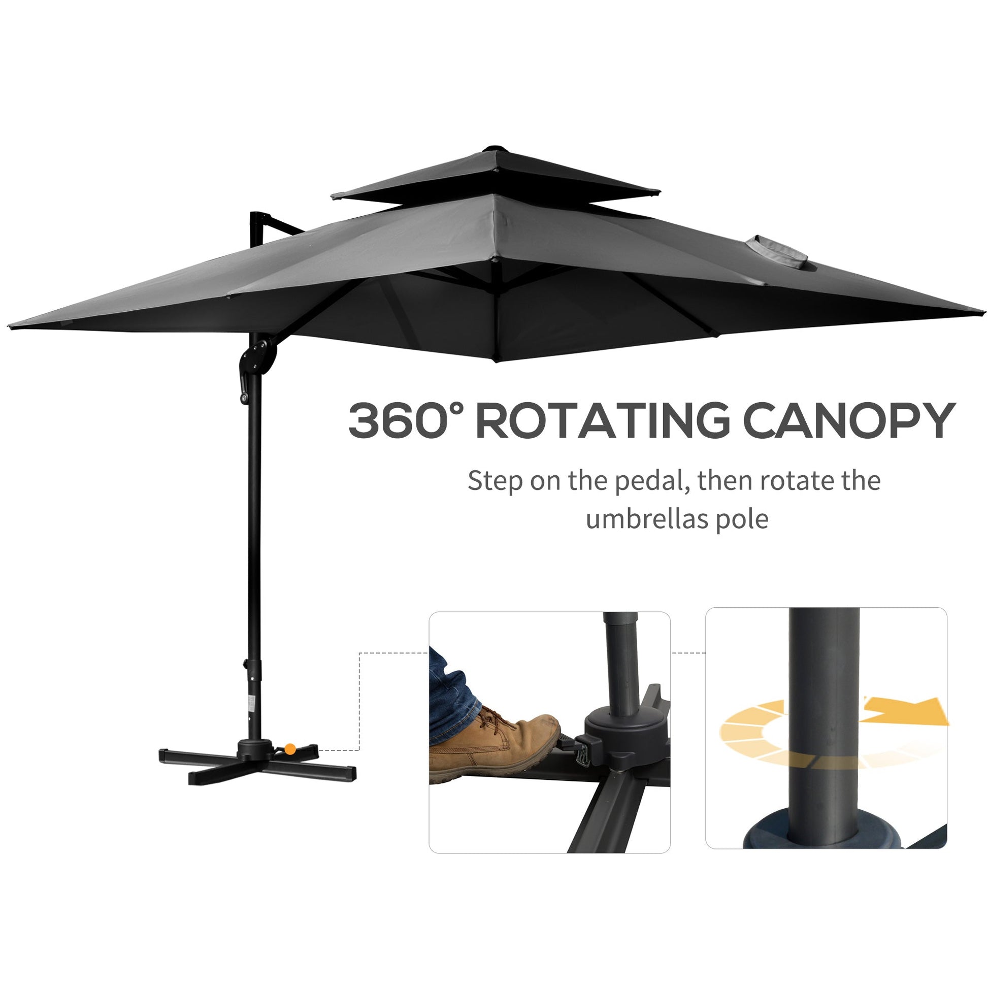 10' x 10' Cantilever Patio Umbrella, Double Top Square Offset Umbrella with 360° Rotation, 5 Adjustable Tilt Angles, Umbrella Cover, Aluminum Pole and Ribs, Charcoal Grey