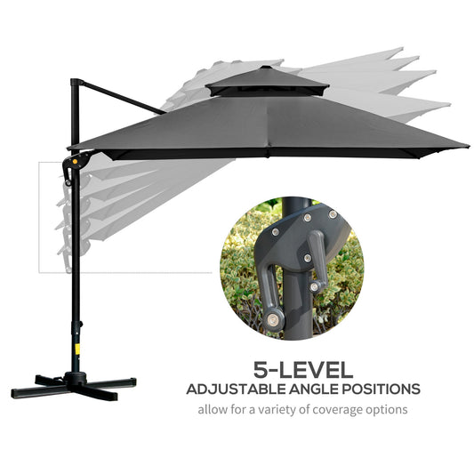 10' x 10' Cantilever Patio Umbrella, Double Top Square Offset Umbrella with 360° Rotation, 5 Adjustable Tilt Angles, Umbrella Cover, Aluminum Pole and Ribs, Charcoal Grey
