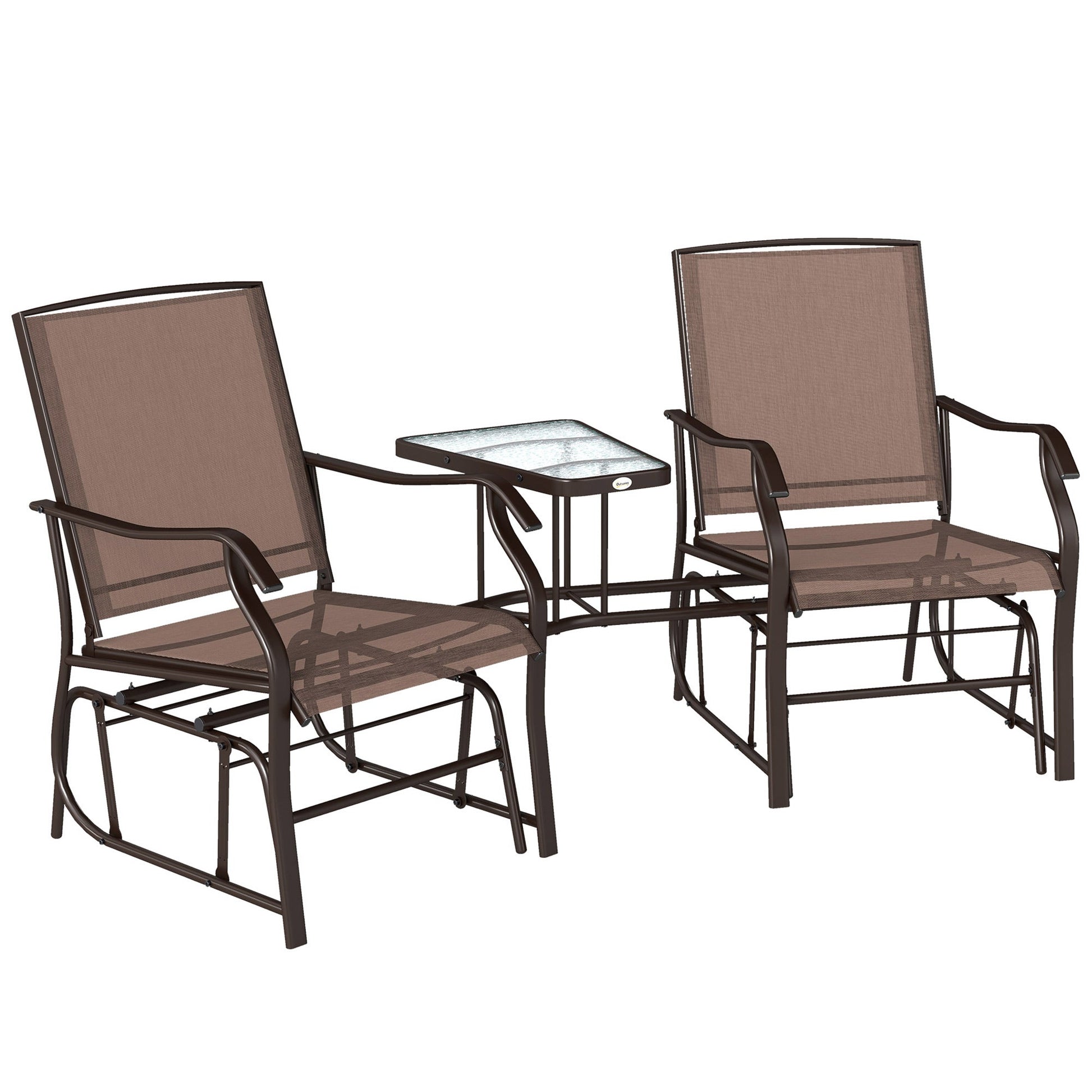 Double Patio Glider Chair with Glass Top Center Table, Outdoor Glider Loveseat with High Back,  All Weather Breathable Mesh Fabric for Garden, Backyard, Deck, Brown