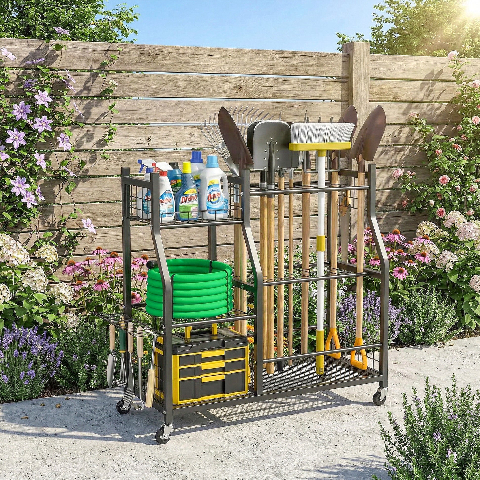 Garden Tool Organizer for Garage, 3-Tier Yard Tool Storage Rack with 74 Slots, 4 Wheels and 11 Hooks for Long-Handled Shovels and Rakes for Shed, Yard, Patio, Black