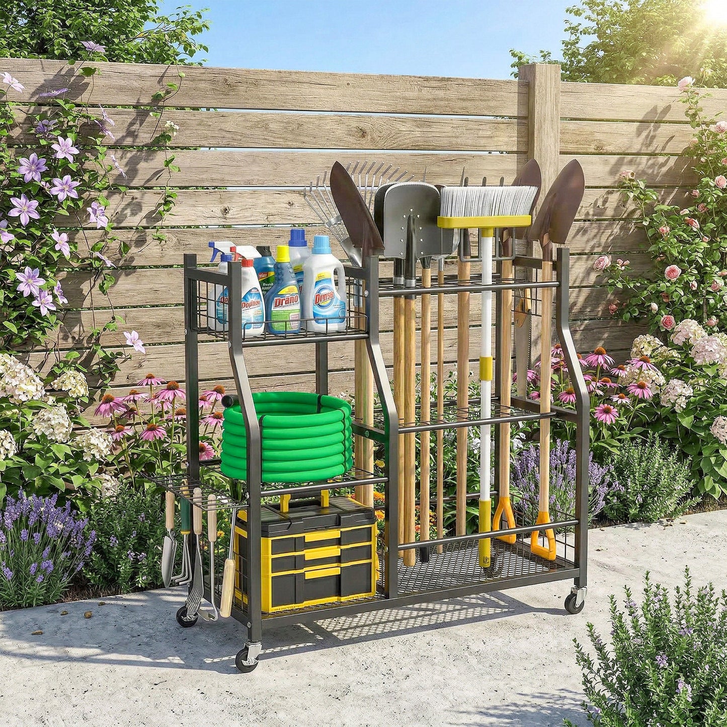 Garden Tool Organizer for Garage, 3-Tier Yard Tool Storage Rack with 74 Slots, 4 Wheels and 11 Hooks for Long-Handled Shovels and Rakes for Shed, Yard, Patio, Black