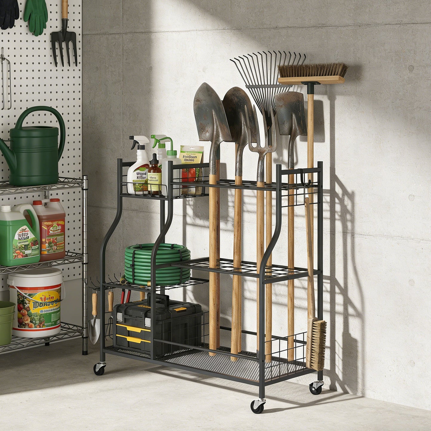 Garden Tool Organizer for Garage, 3-Tier Yard Tool Storage Rack with 74 Slots, 4 Wheels and 11 Hooks for Long-Handled Shovels and Rakes for Shed, Yard, Patio, Black