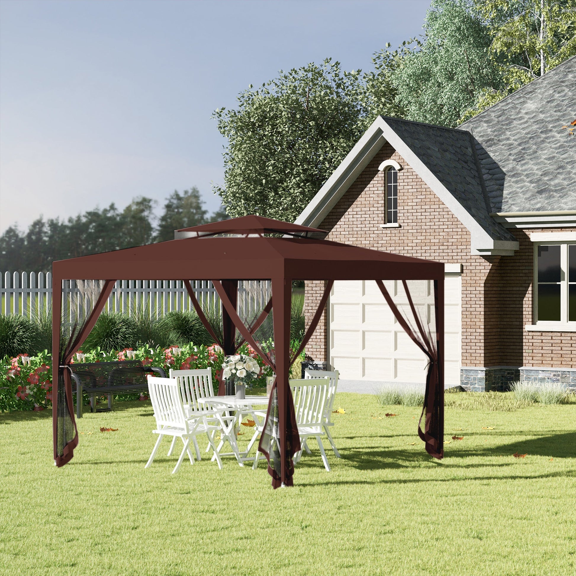 10' x 10' Canopy Tent, Party Tent with Mesh Netting and Double Tier Roof for Backyard, Garden, Patio, Outdoor, Brown