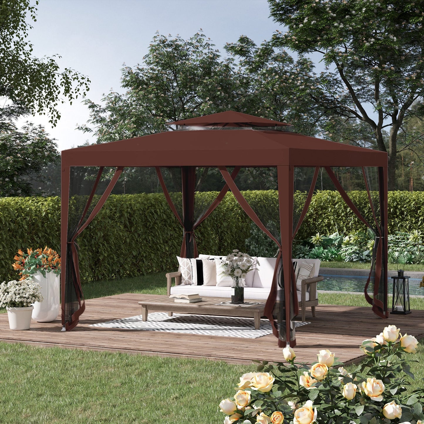 10' x 10' Canopy Tent, Party Tent with Mesh Netting and Double Tier Roof for Backyard, Garden, Patio, Outdoor, Brown