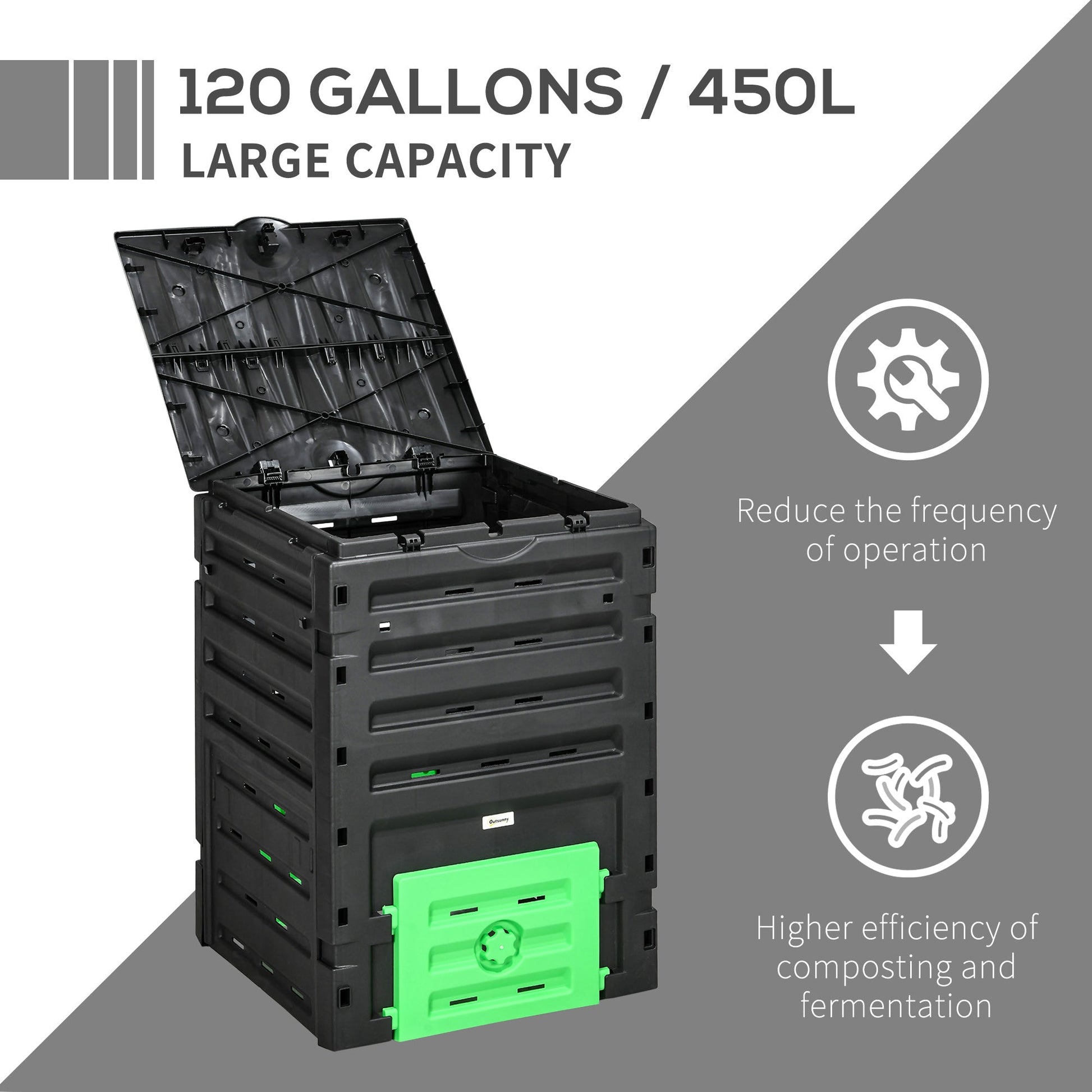 Compost Bin, 120 Gallon (450L) Garden Composter with Gloves, 80 Vents and 2 Sliding Doors, Lightweight & Solid, Fast Creation of Fertile Soil, Black
