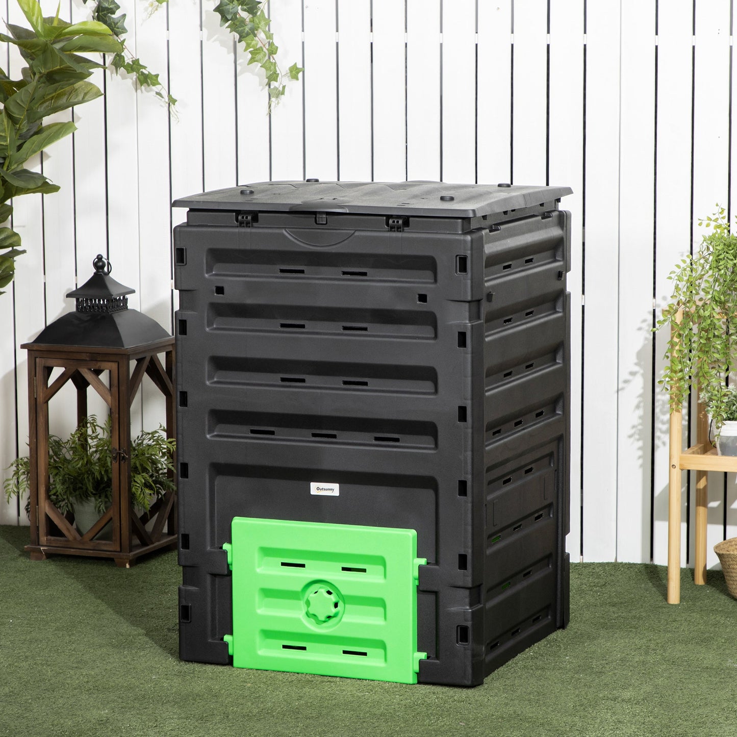 Compost Bin, 120 Gallon (450L) Garden Composter with Gloves, 80 Vents and 2 Sliding Doors, Lightweight & Solid, Fast Creation of Fertile Soil, Black