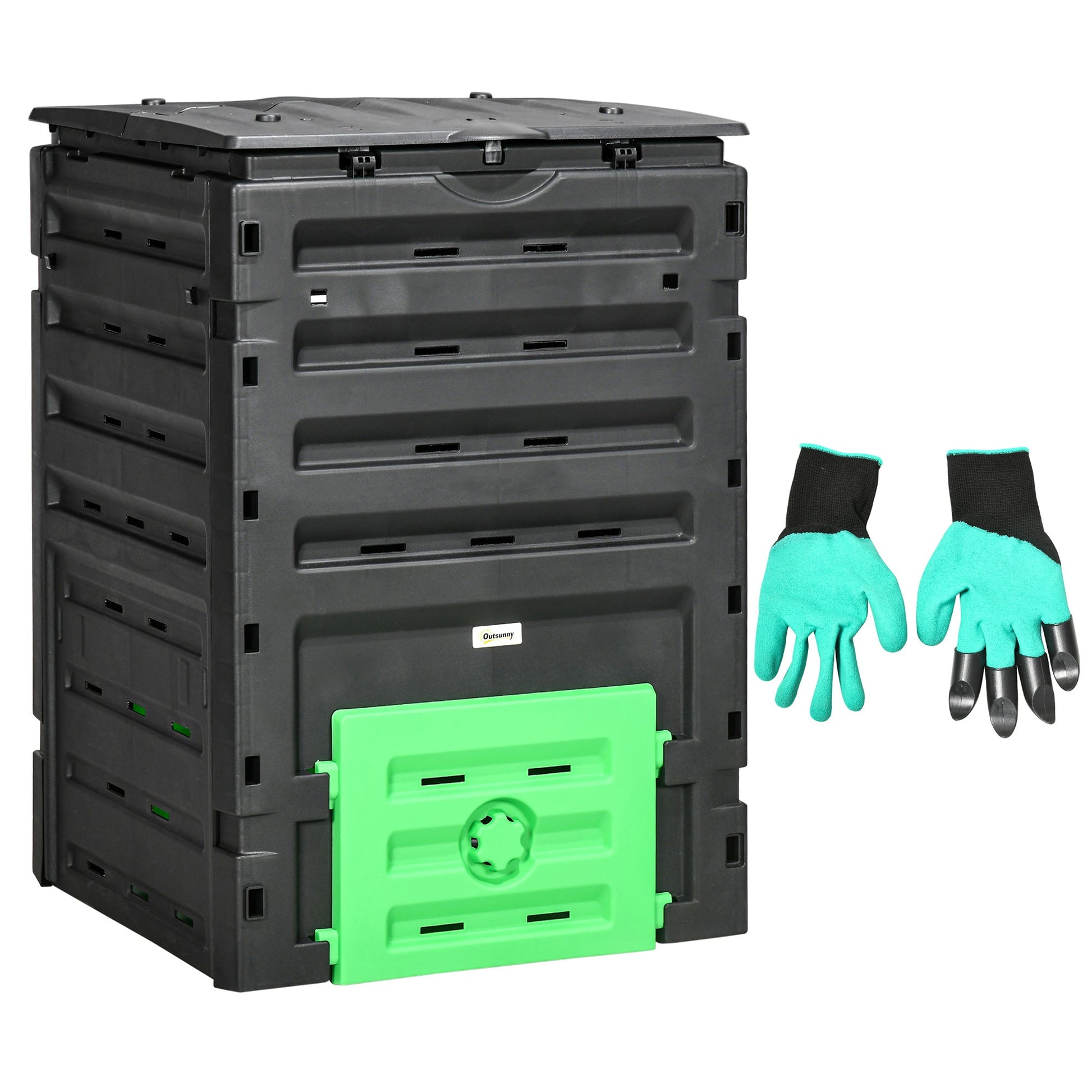 Compost Bin, 120 Gallon (450L) Garden Composter with Gloves, 80 Vents and 2 Sliding Doors, Lightweight & Solid, Fast Creation of Fertile Soil, Black