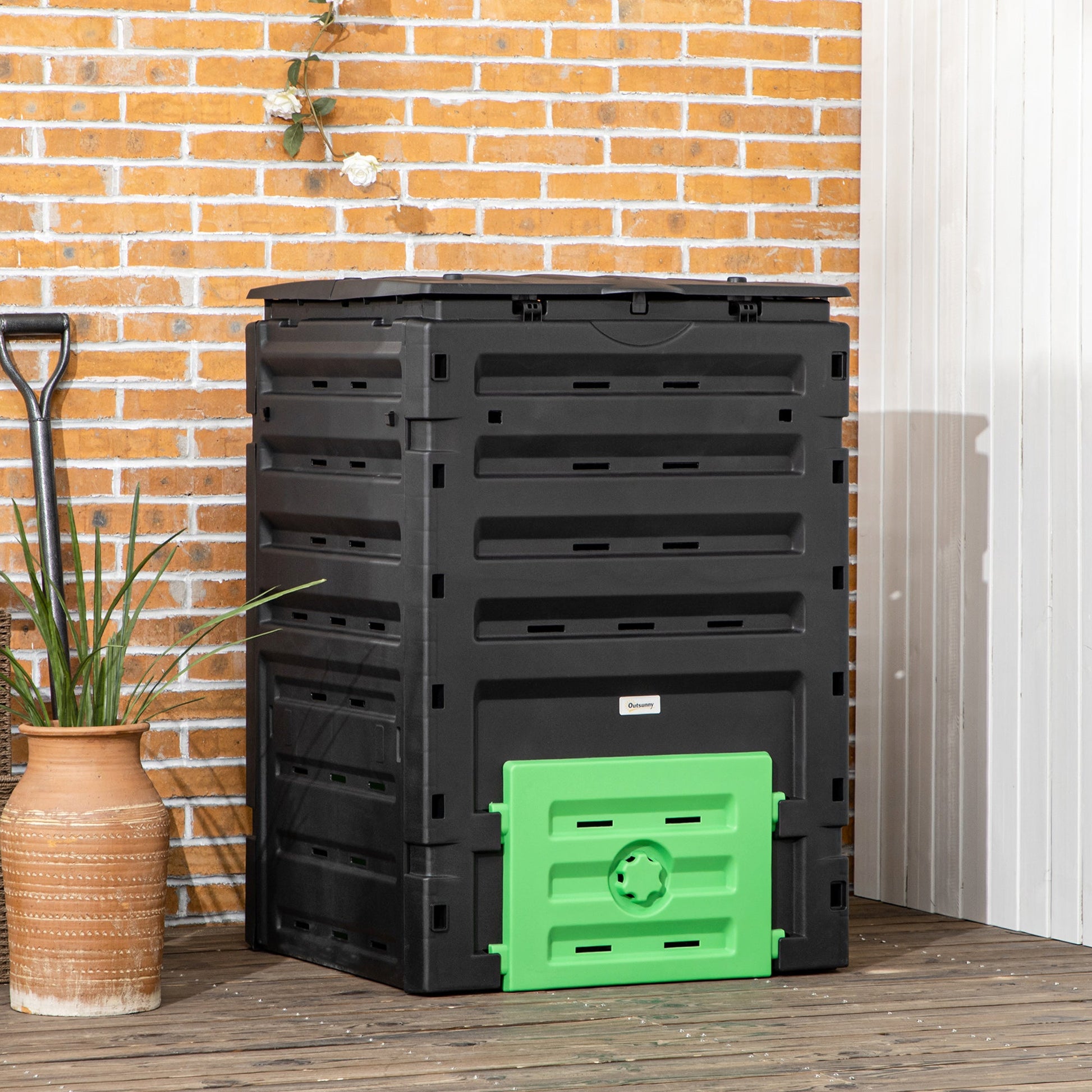 Compost Bin, 120 Gallon (450L) Garden Composter with Gloves, 80 Vents and 2 Sliding Doors, Lightweight & Solid, Fast Creation of Fertile Soil, Black