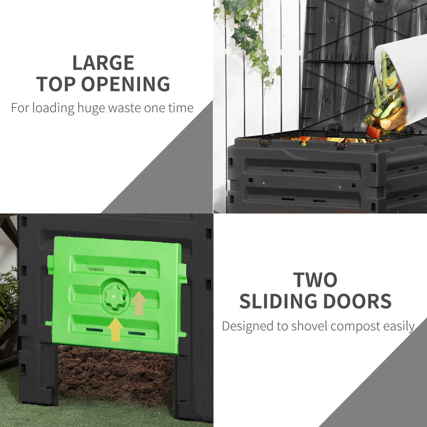 Compost Bin, 120 Gallon (450L) Garden Composter with Gloves, 80 Vents and 2 Sliding Doors, Lightweight & Solid, Fast Creation of Fertile Soil, Black