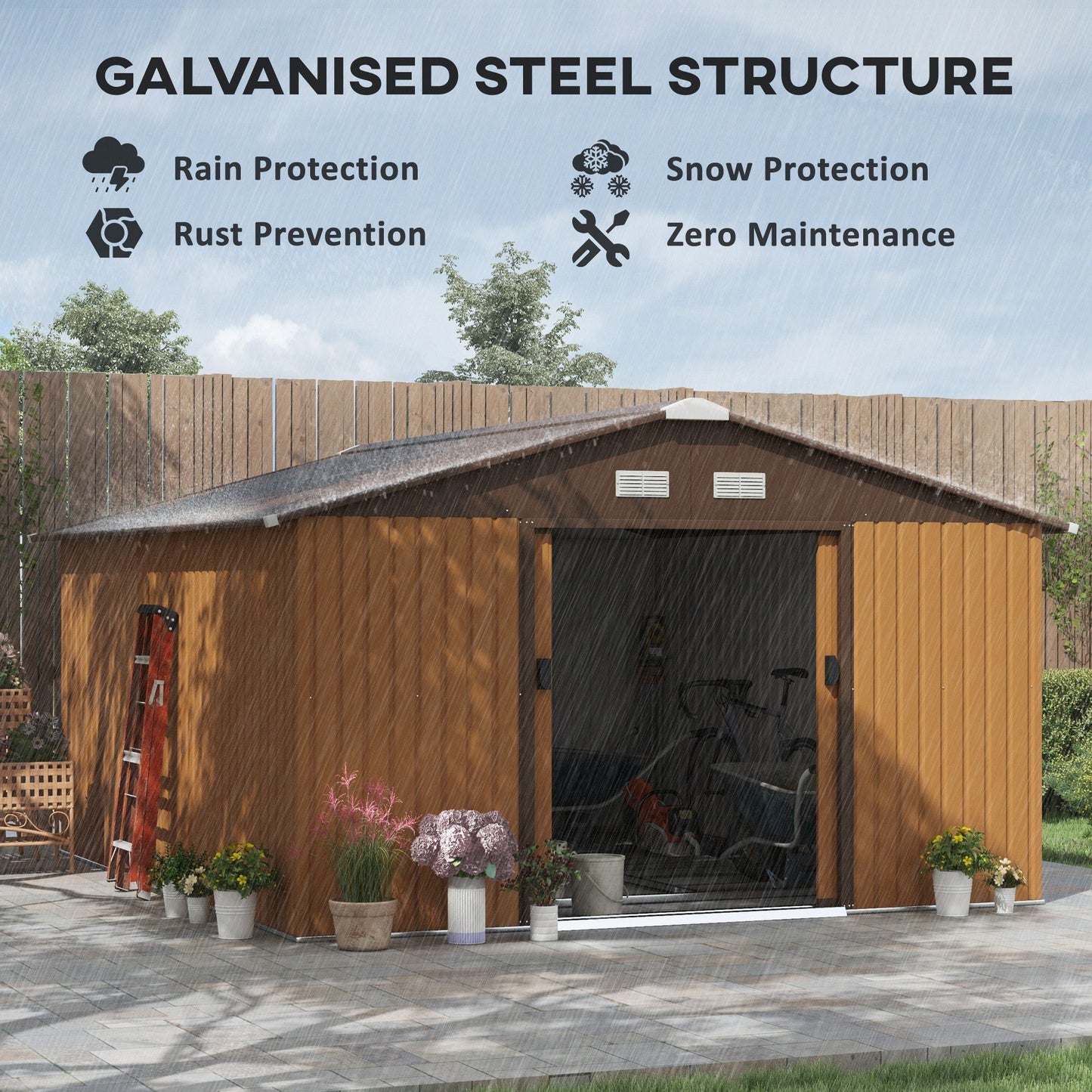 11' x 13' Garden Storage Shed with Foundation Kit, Metal Tool Storage House with Double Doors for Outdoor Patio Yard, Yellow