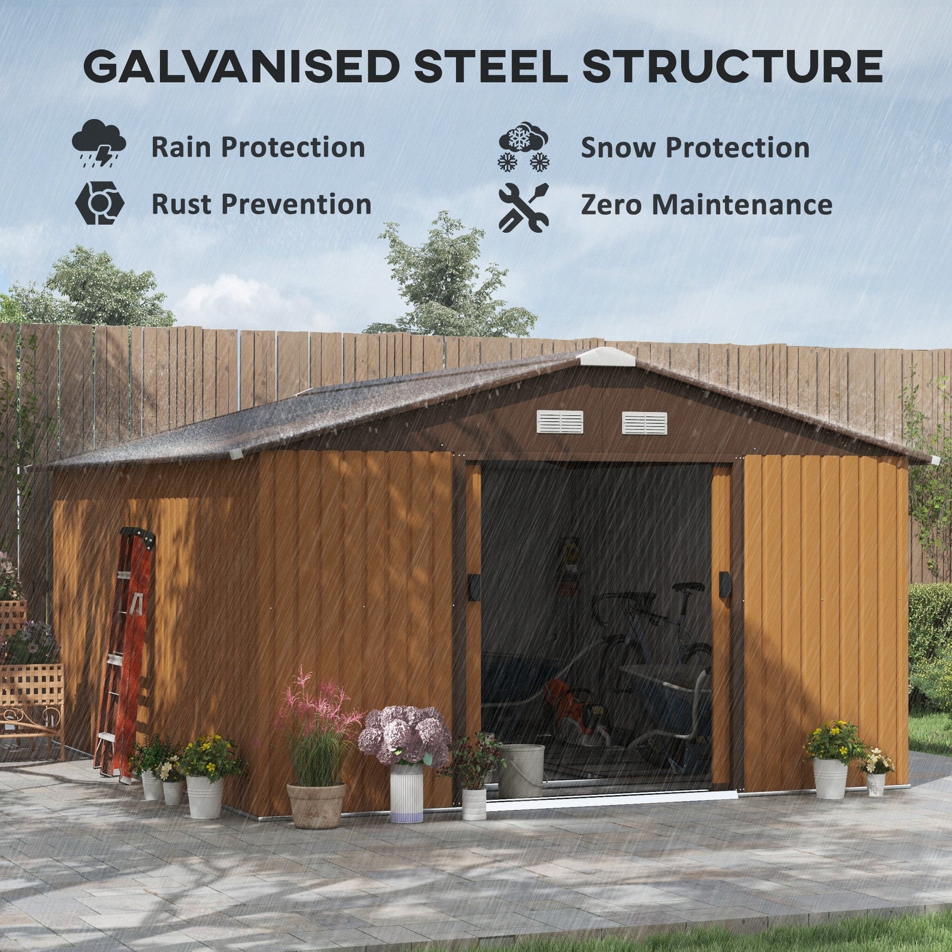 11' x 13' Garden Storage Shed with Foundation Kit, Metal Tool Storage House with Double Doors for Outdoor Patio Yard, Yellow