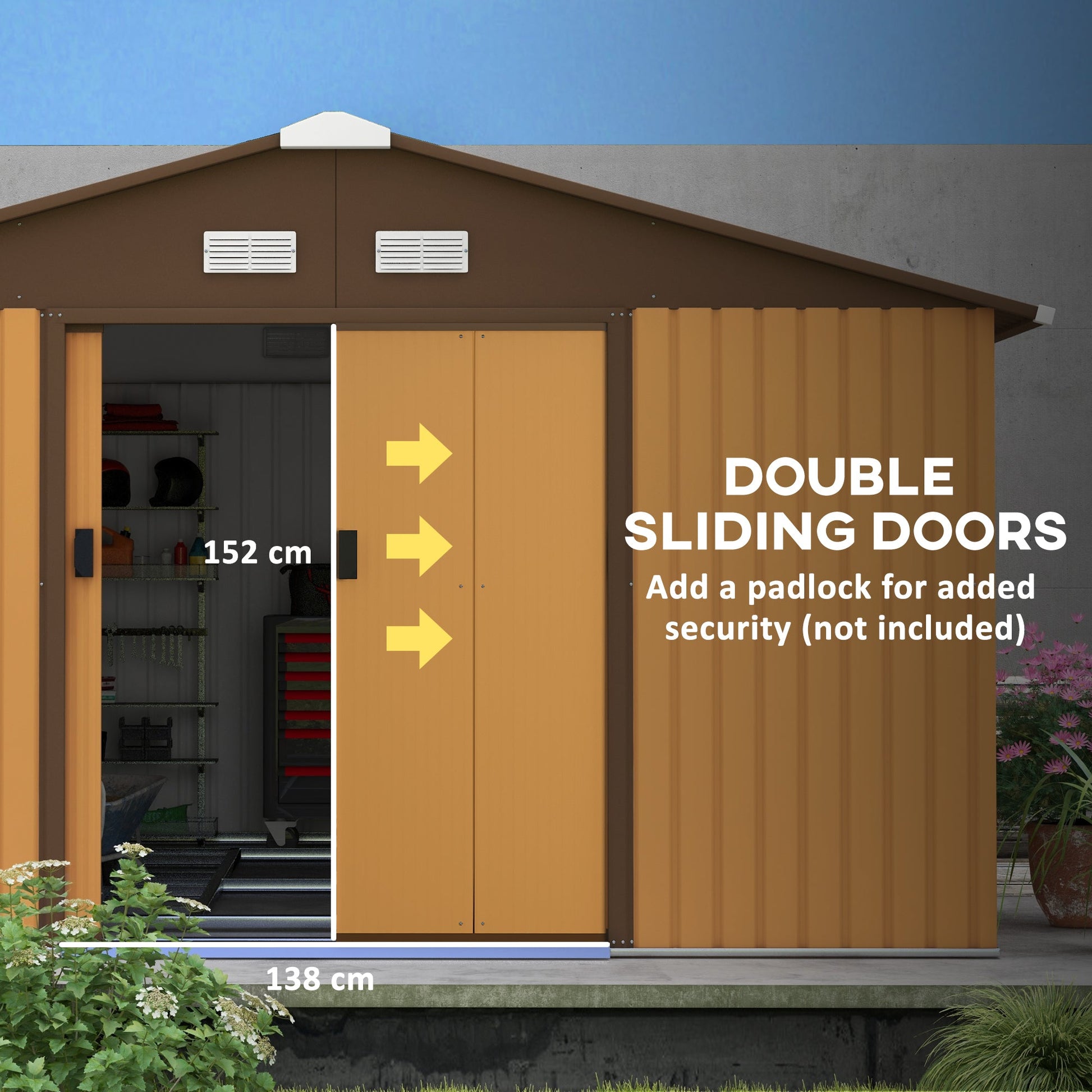 11' x 13' Garden Storage Shed with Foundation Kit, Metal Tool Storage House with Double Doors for Outdoor Patio Yard, Yellow