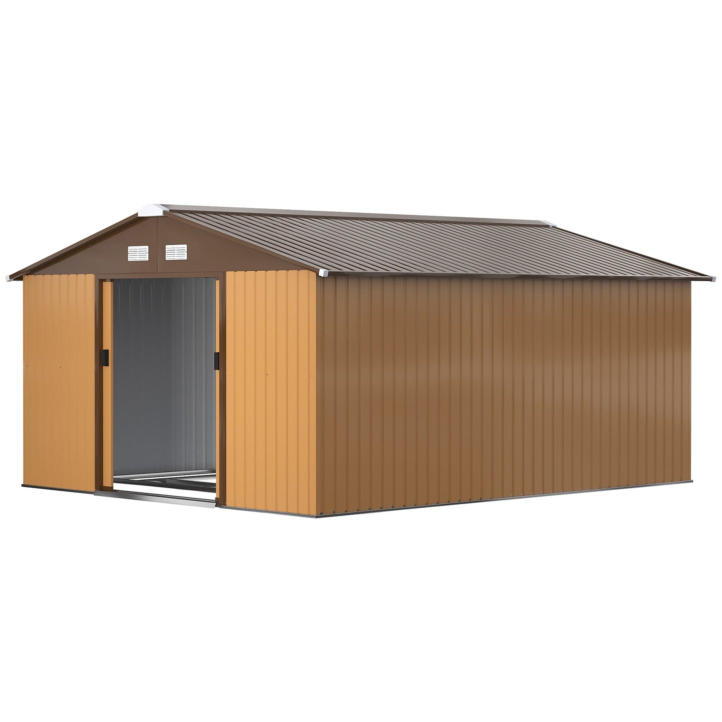 11' x 13' Garden Storage Shed with Foundation Kit, Metal Tool Storage House with Double Doors for Outdoor Patio Yard, Yellow