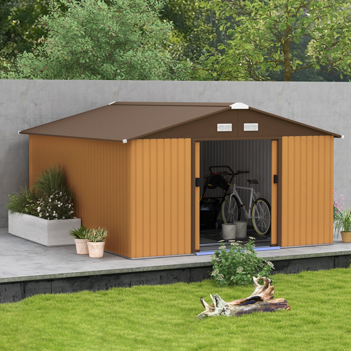 11' x 13' Garden Storage Shed with Foundation Kit, Metal Tool Storage House with Double Doors for Outdoor Patio Yard, Yellow